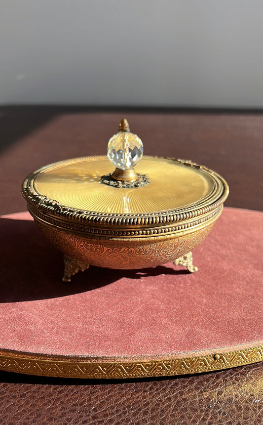 Candy Dish or Powder Box Brass & Glass Vintage Divided With Crystal Ball Decoration on the Top