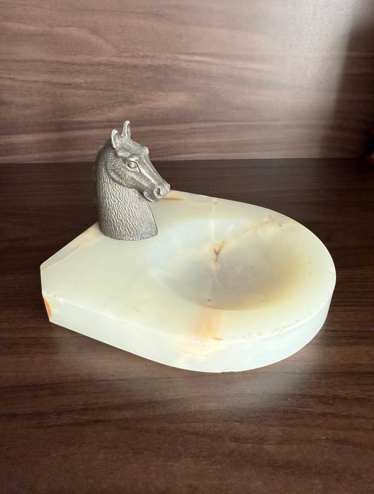 Antique Art Deco Style Bronze Horse Head Statue on Marbel or Green Onyx Ashtray