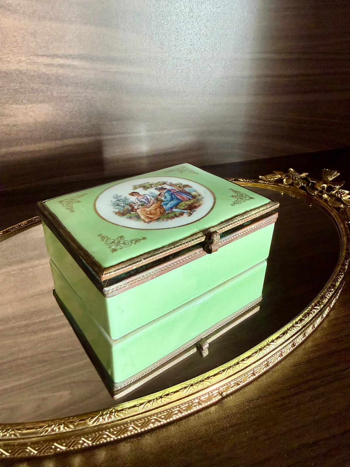 Antique European French Style Green Porcelain Jewelry or Trinket Hinged Box
