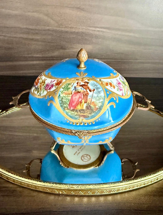 Antique Capodimonte Footed Hand Painted Blue Porcelain Dresser Box, Made In France