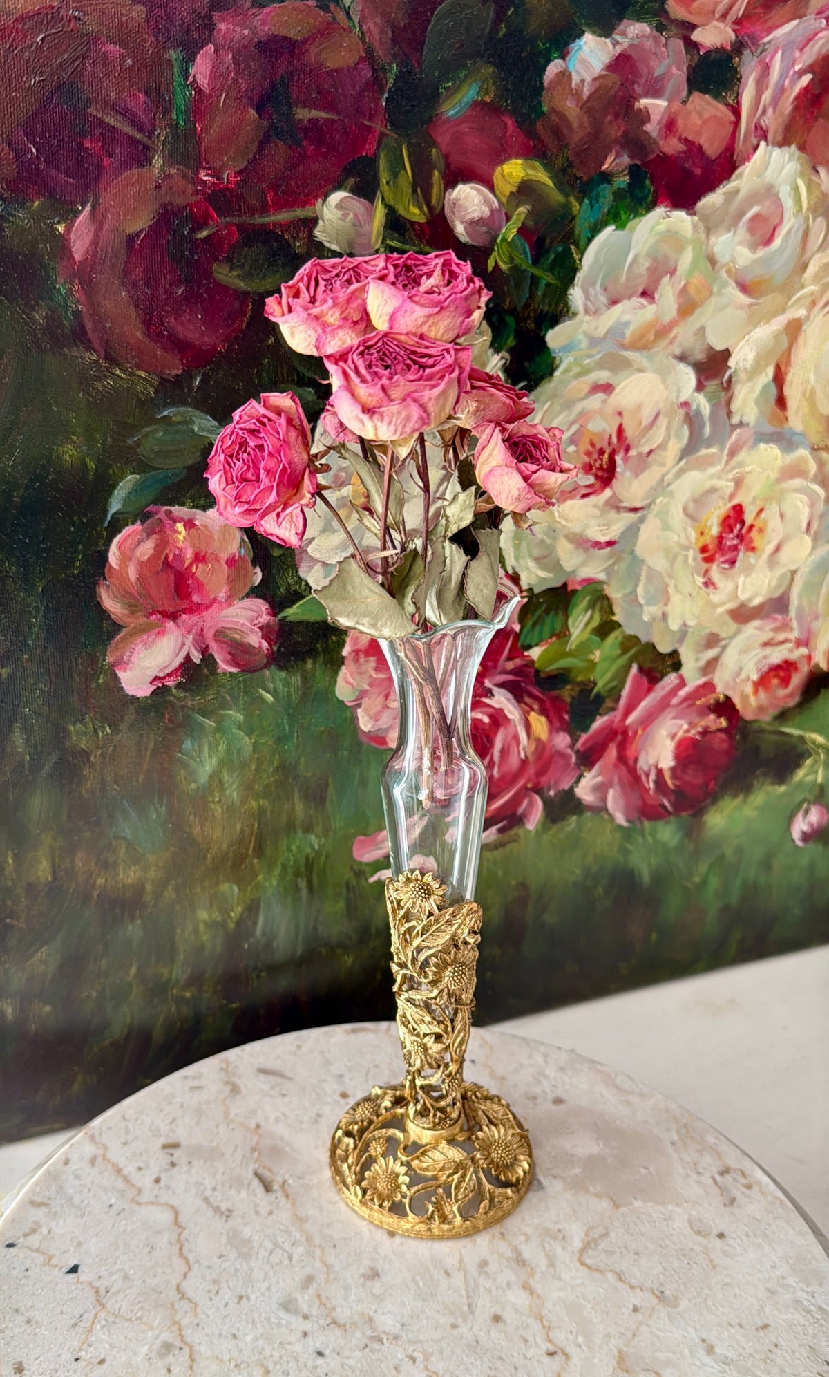24k Vintage Matson Gold-plated Sunflower Brass Filigree Ormolu with Removable Glass Vase