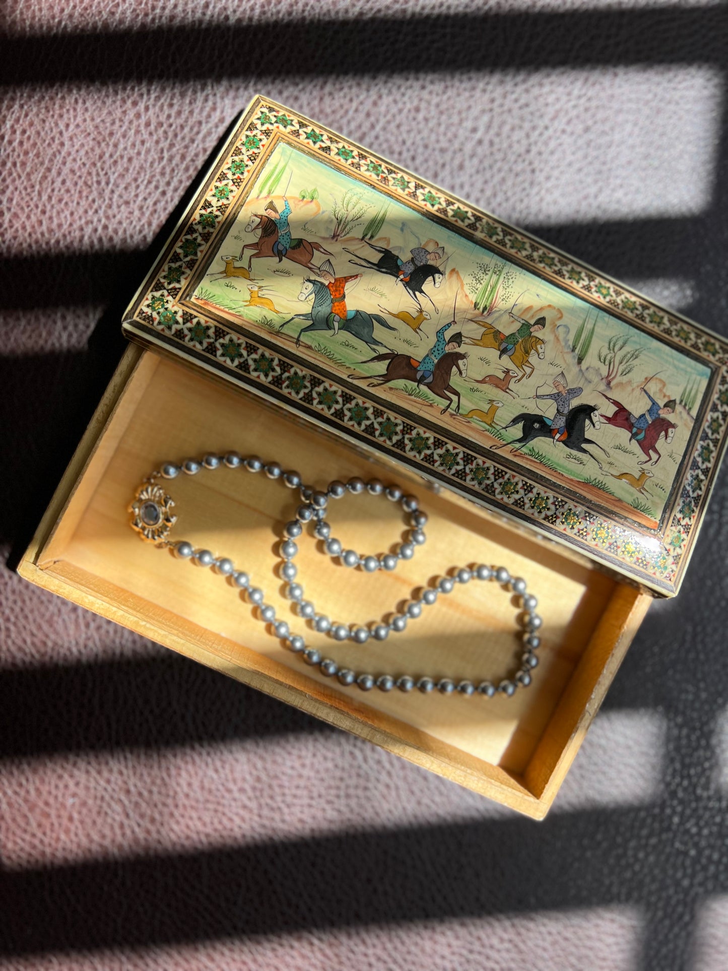 Persian hand painted wooden inlaid trinket box