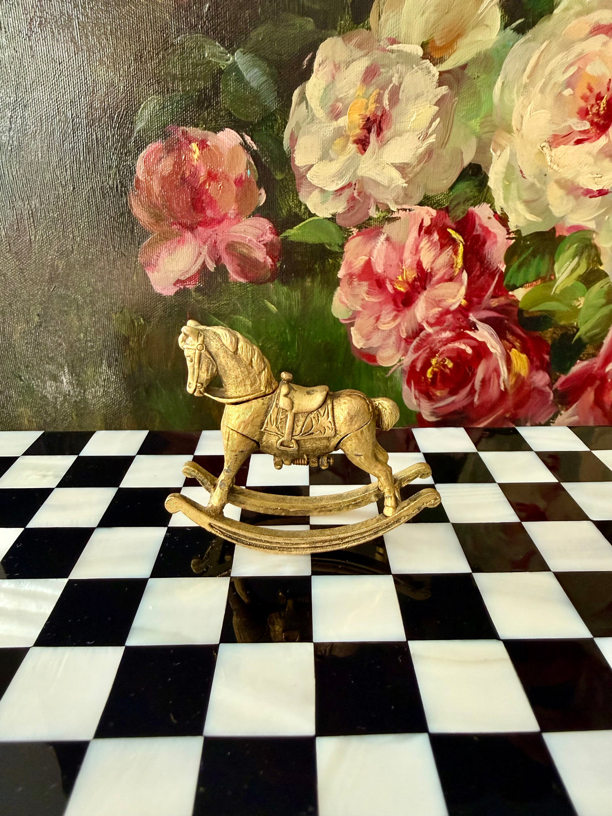 1970s Vintage Max Factor Gold-toned Metal “Rocking Horse” Perfume Compact