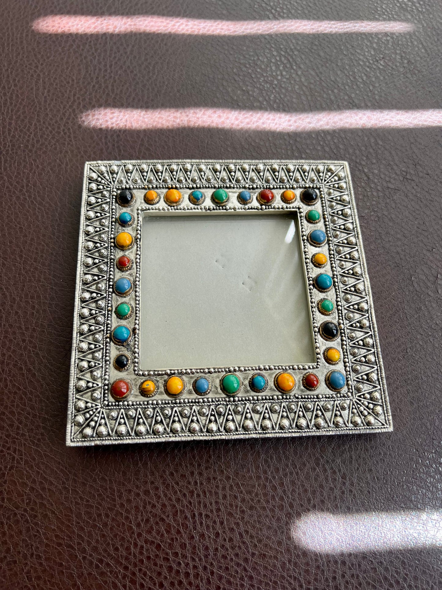 Unique Art Deco/ Pop Up Style Vinatage Silver Photo Frame with Colorful Stones Decorated