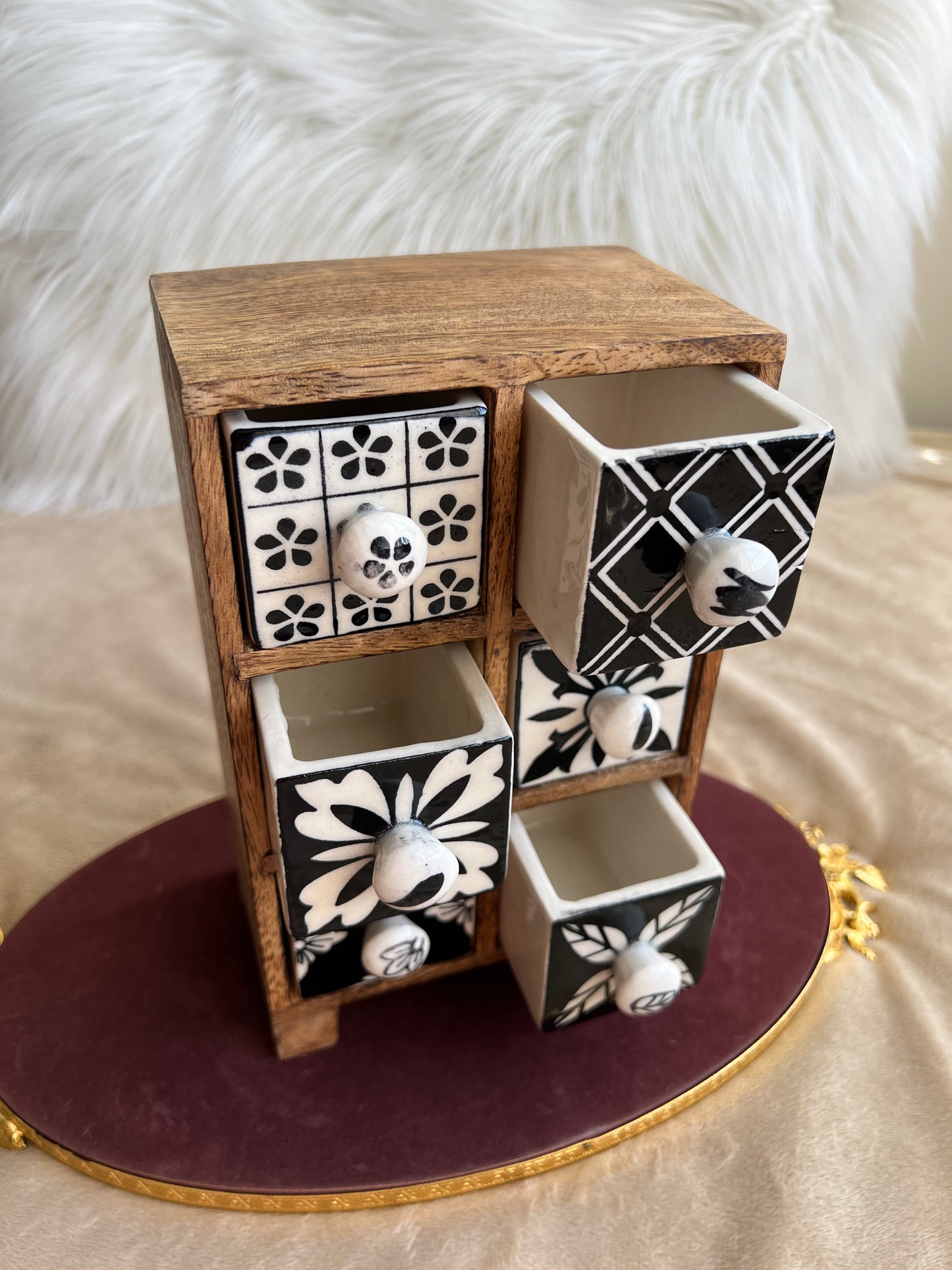 Hand Painted Wooden Chest with Ceramic Drawers and Jewelry Storage