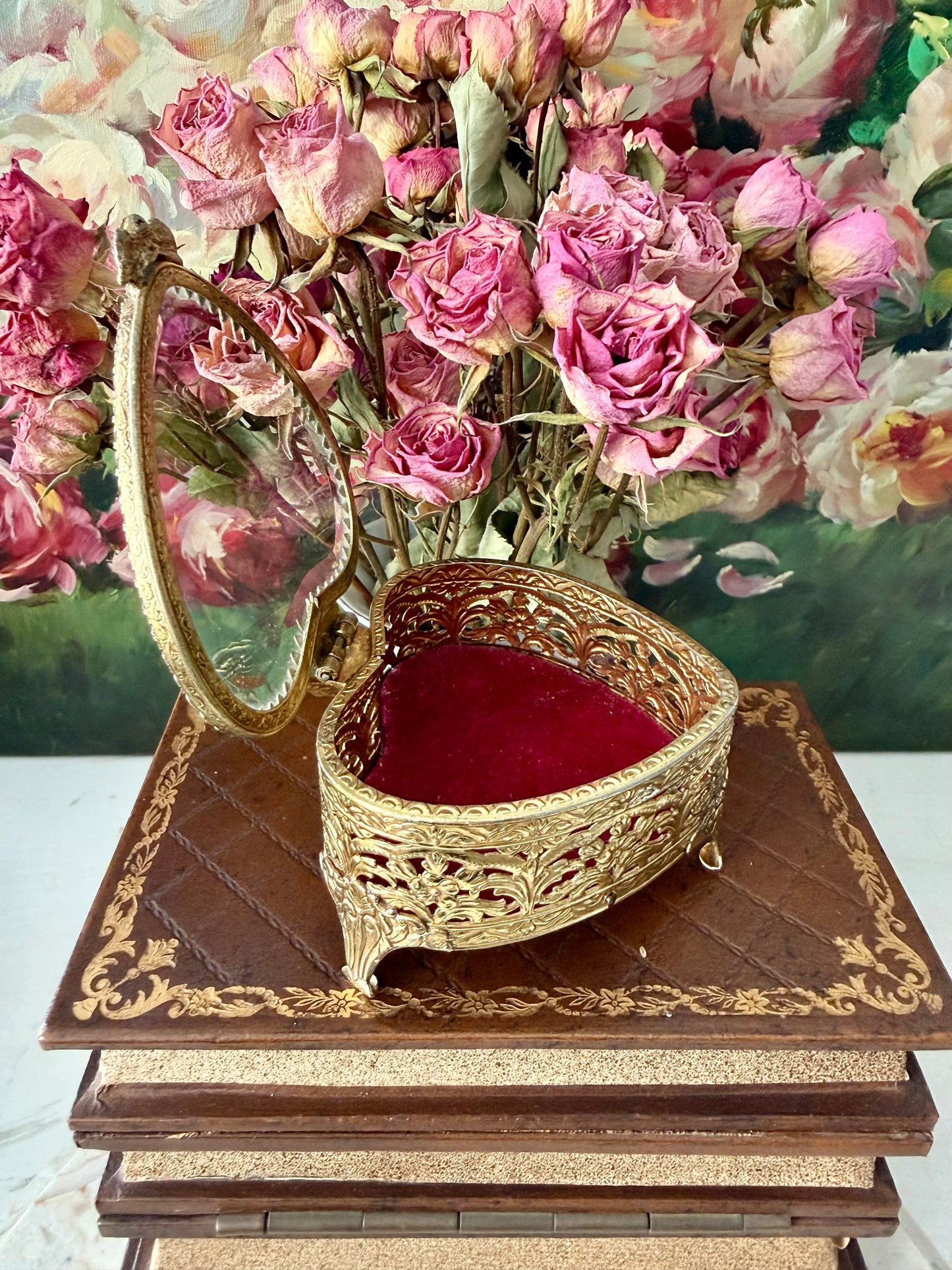 Antique French Style Gold-plated Ormolu Filigree Heart-shaped Trinket or Jewelry Box with a Plush Red Velvet Lining