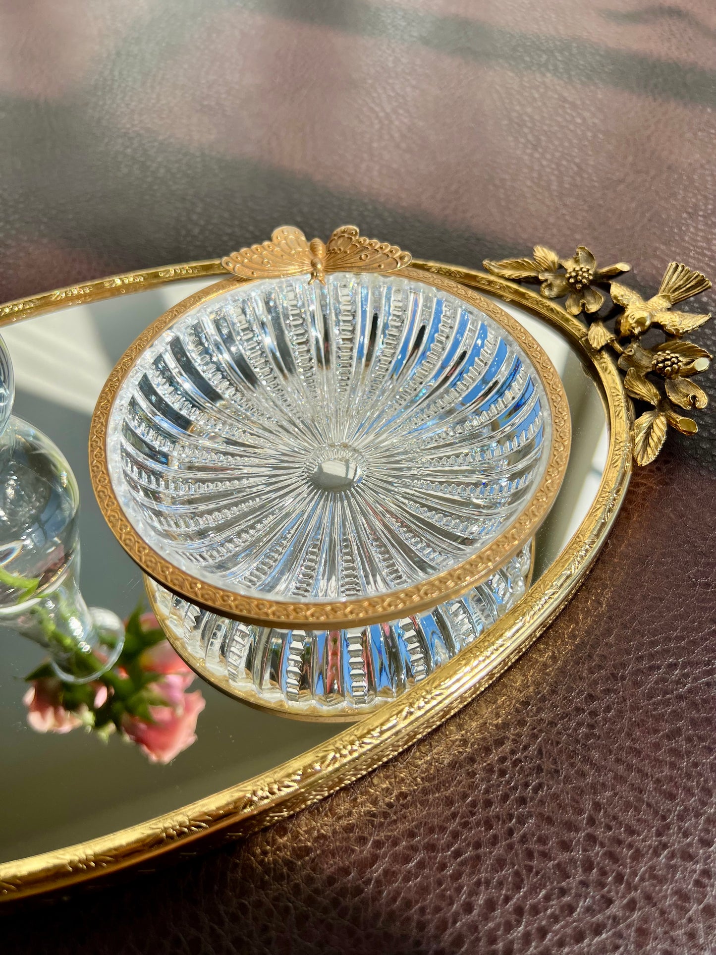 French Cut Crystal Glass Vintage Trinket Dish with Gilt Rim and Butterfly