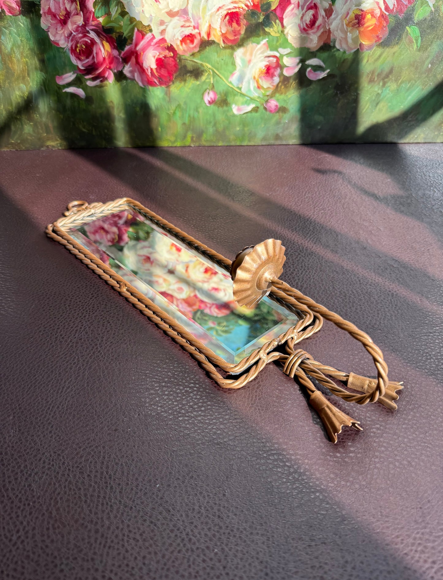 Vintage Square Long Mirror Gold Gilded Metal Frame and Rope Decoration with Tasseled Wall Candle Holder, Wall Sconce