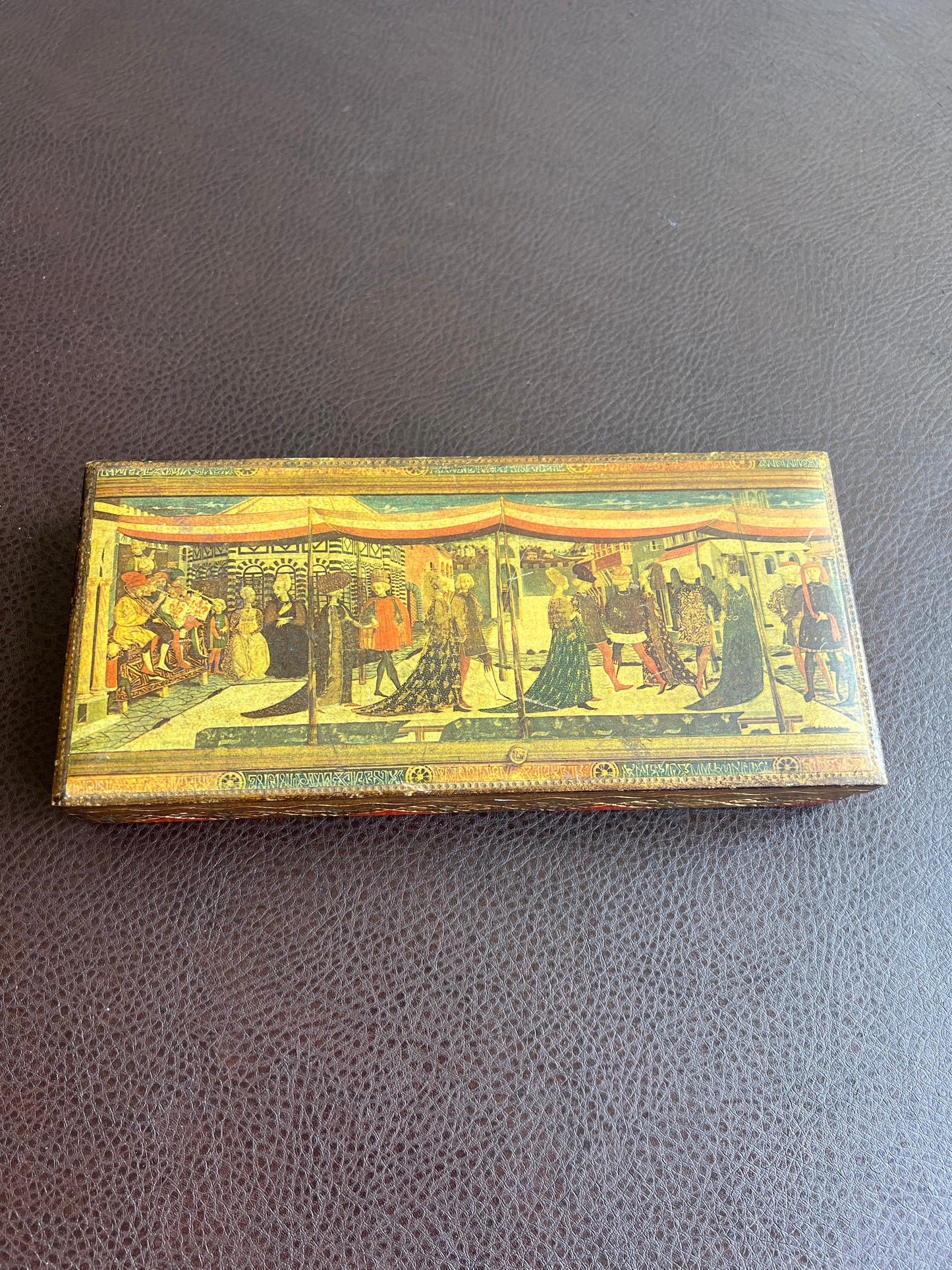 Italian Florentine Gold Gilt Large Jewelry/ Trinket Wooden Box, Wedding Scene on Top of the Lid