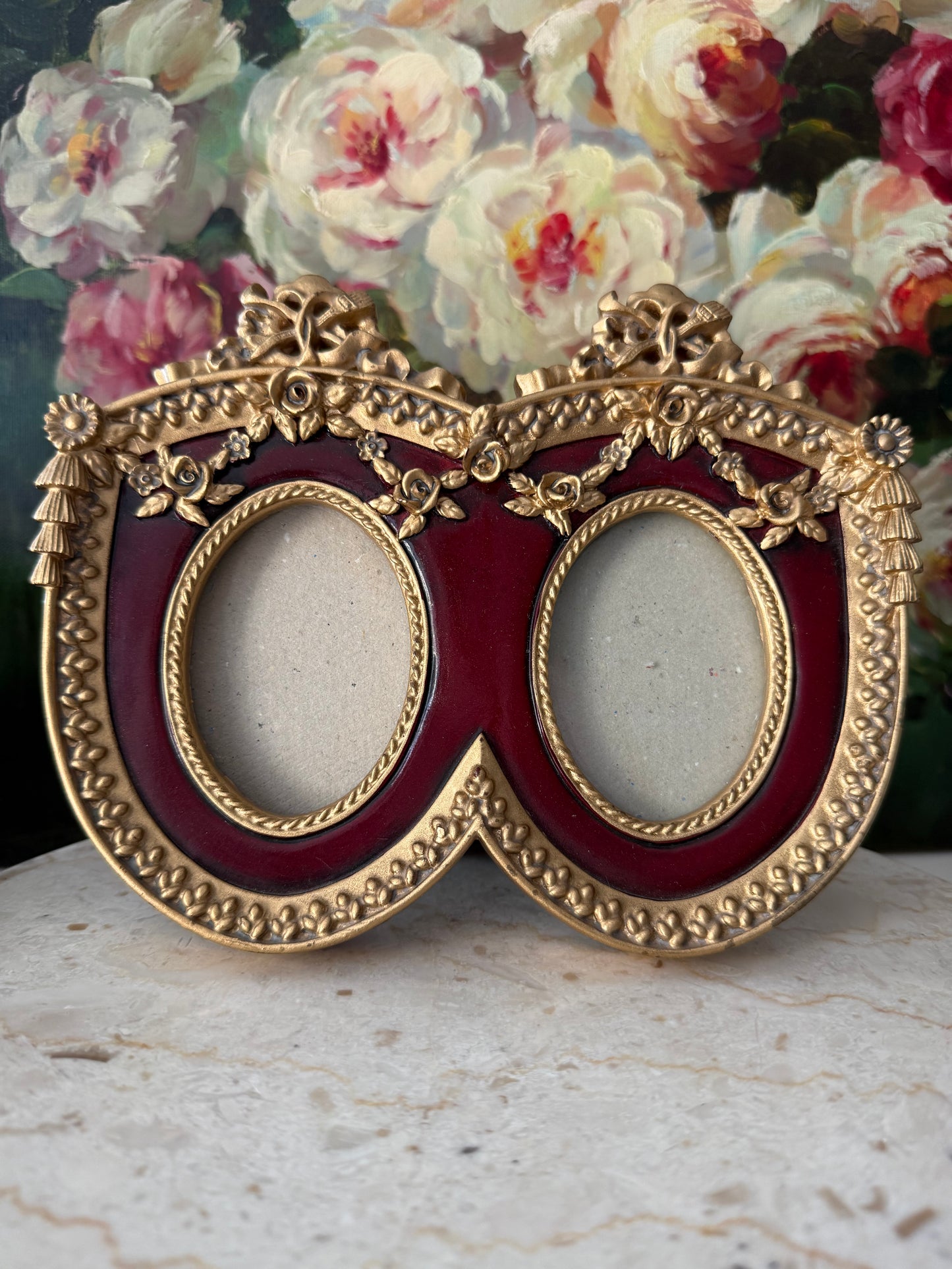 French Baroque Style Vintage Gold And Burgundy Oval Double Photo Frame (NOT Brass)