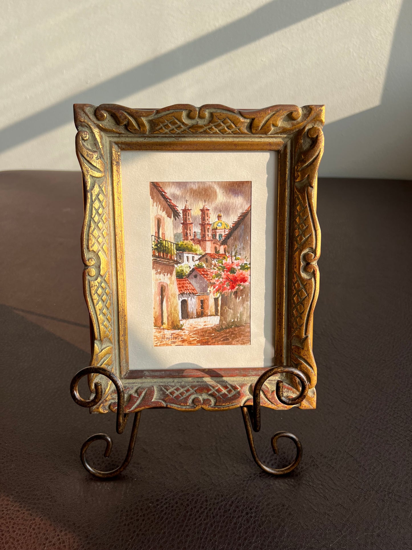 Watercolor Original Art Signed Vintage Painting with Gilded Wooden Frame