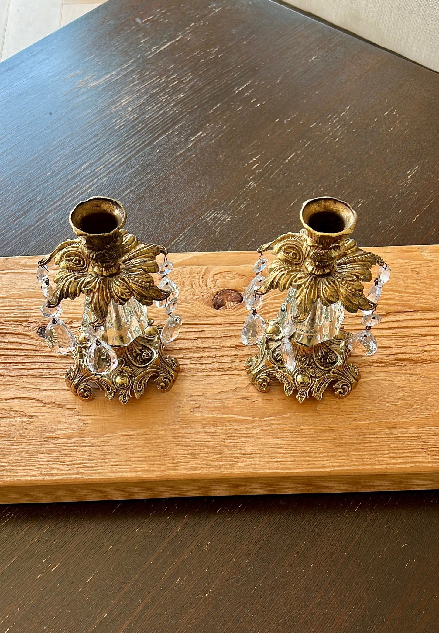 Beautiful Hollywood Regency Mid Century Vintage Gold Brass Candle Holders with Hanging Crystal Prisms - a Pair (2)