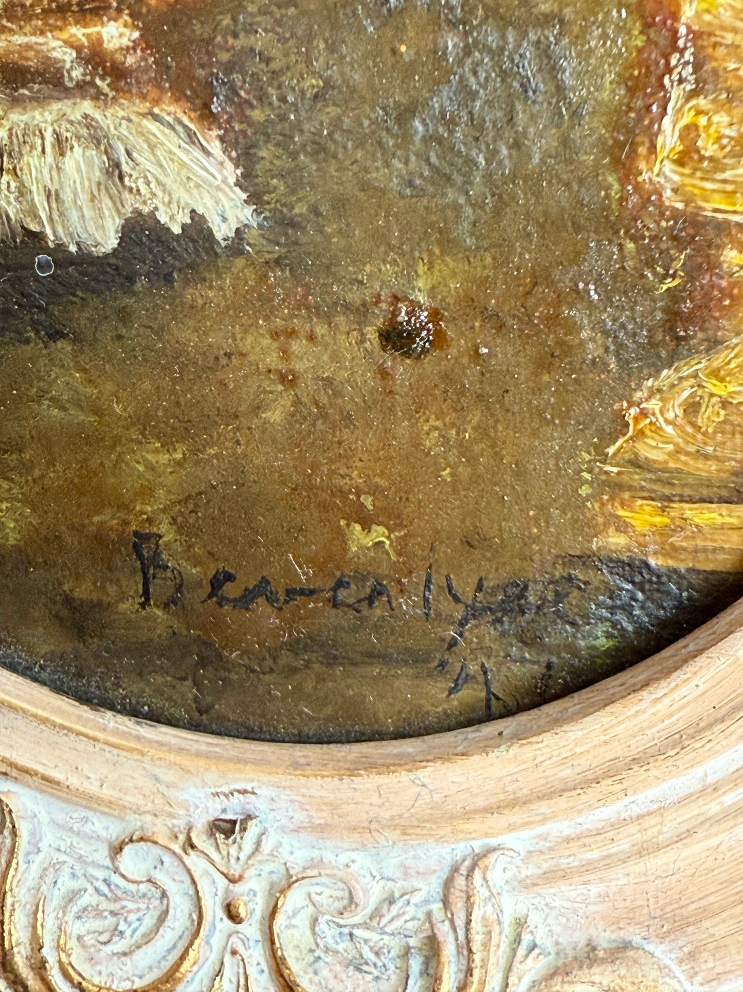 Still Life Signed Vintage Oval Oil Painting with Decorative Wooden Frame