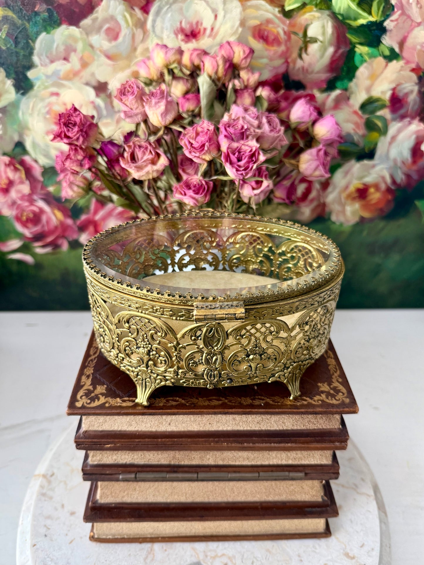 Matson Style Vintage Gold-plated and Glass Hollywood Regency Oval Ormolu Brass Jewelry/ Trinket Box
