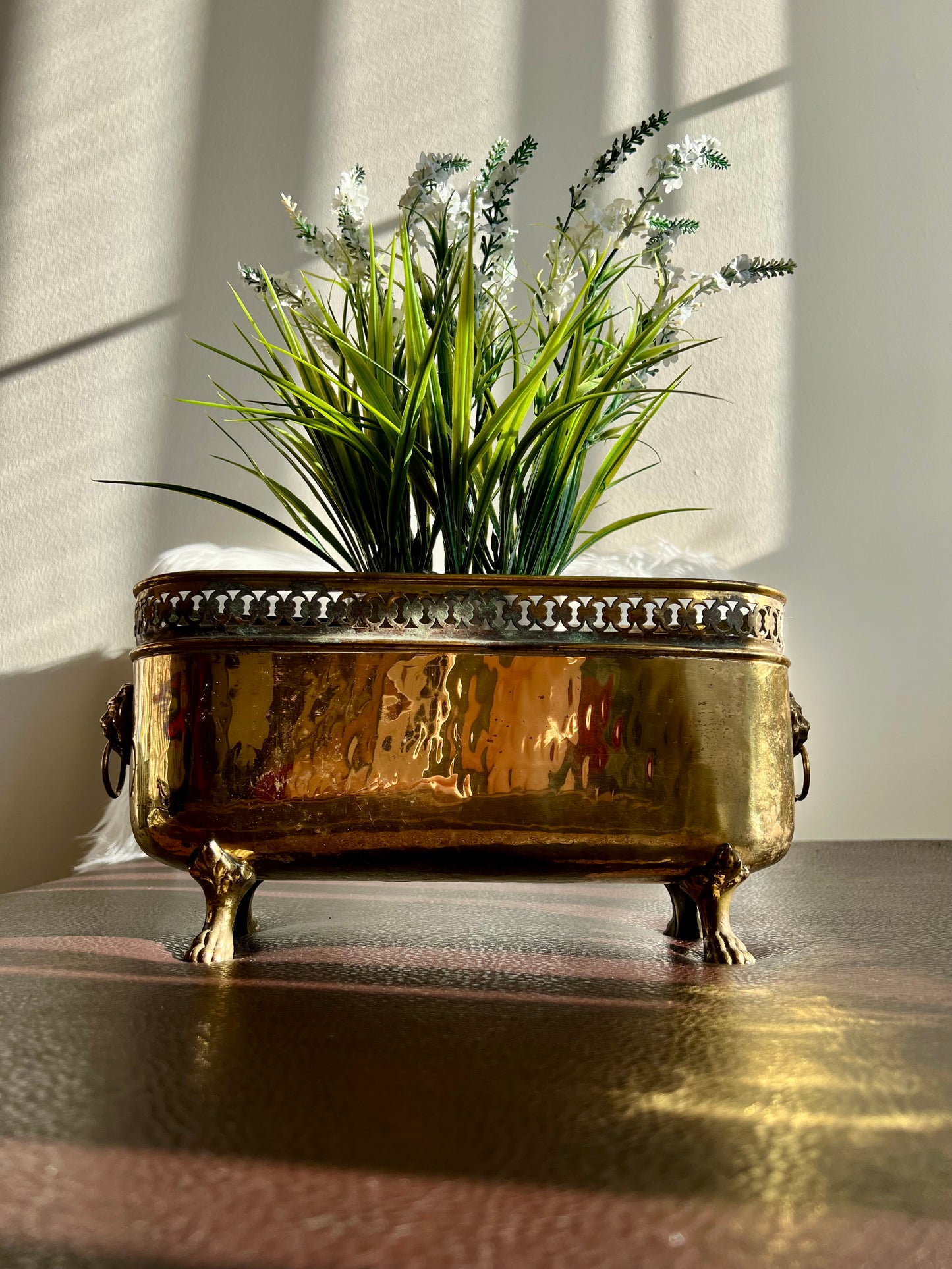 Antique/ Vintage Brass Planter Jardinière Ornate with Four Lion Paws Footed and Two Lion Heads with Rings