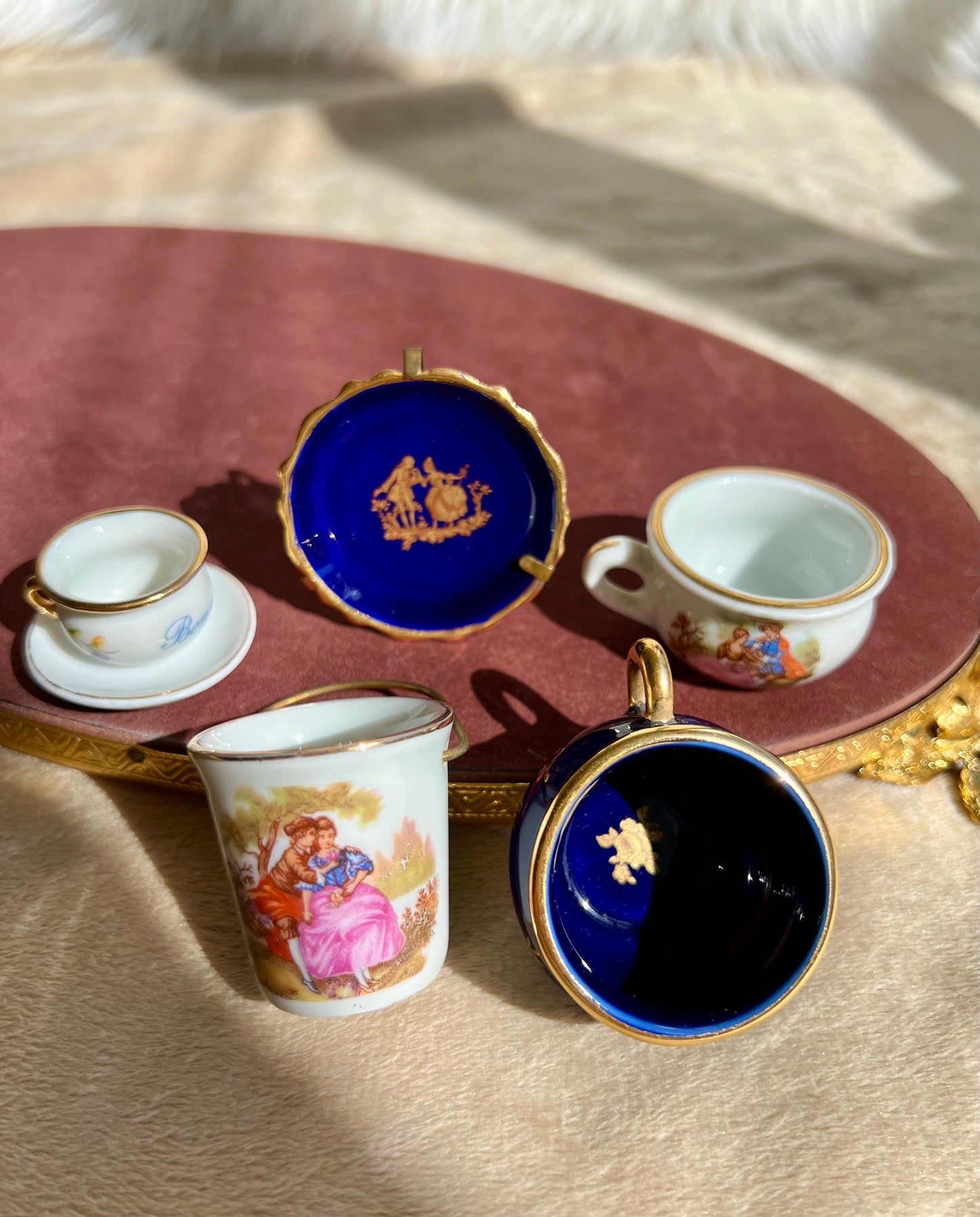 Gold Patterned Cobalt Blue Miniature Limoges Porcelain Plate & Bowl