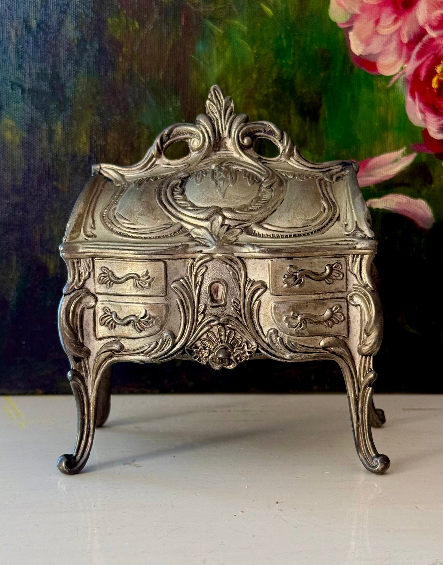 Antique Art Nouveau French Style Silver Plated Jewelry Casket Velvet Lined Romantic Trinket Box