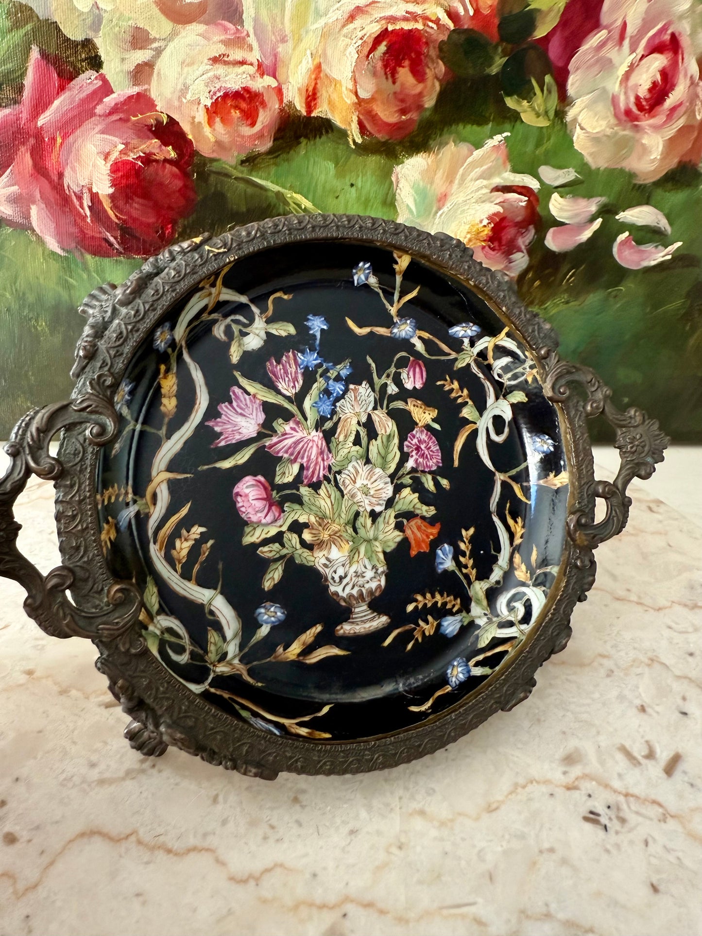 Antique Porcelain Chinese Hua Rong Tang Zhi Bronze Footed, Enameled Hand-Painted Flowers Trinket or Soap Dish, Ornate Tray