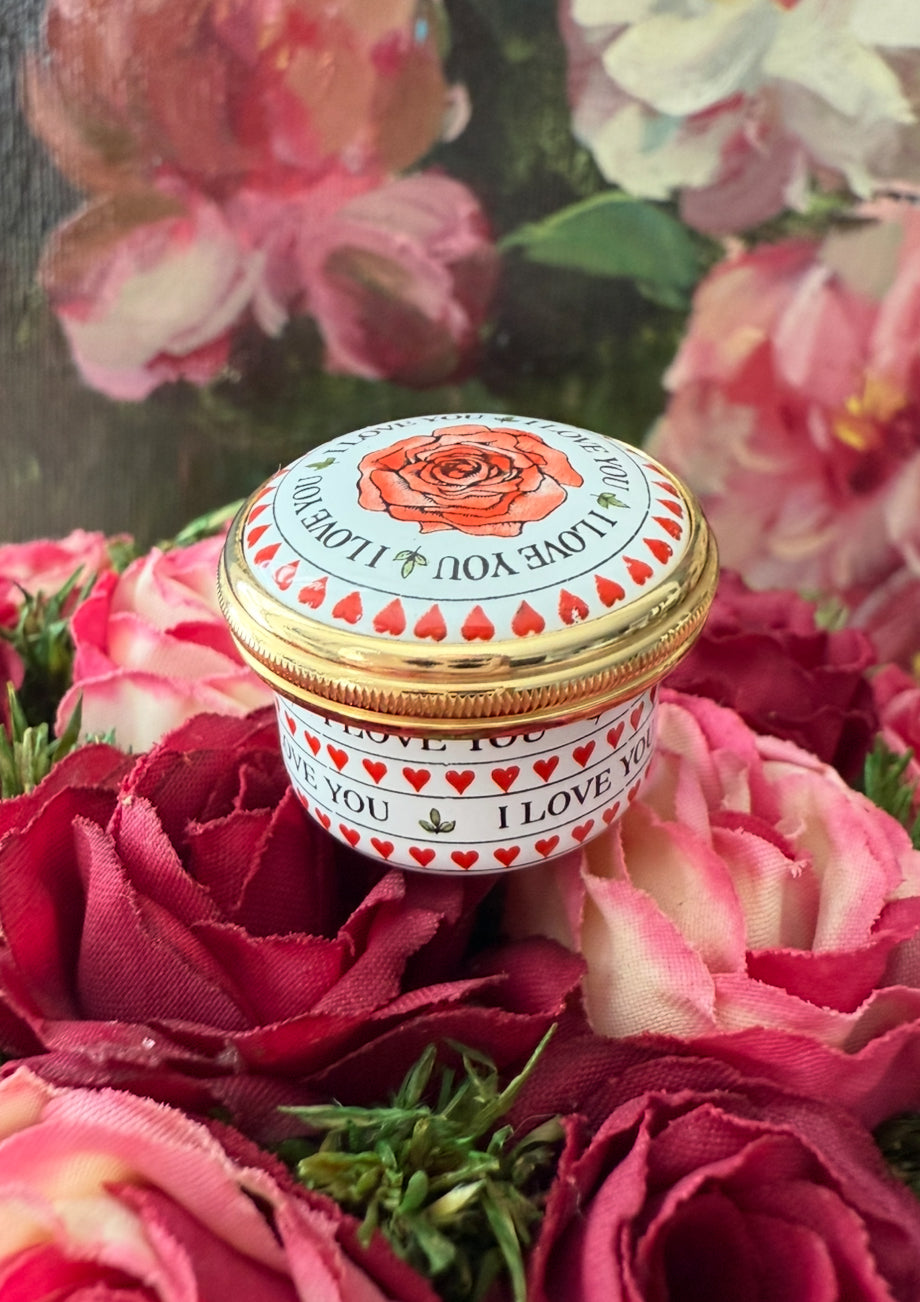 Halcyon Days Mini Enamels “I Love You” Rose Flower Hearts Leaves Trinket or Jewelry/ Pill box