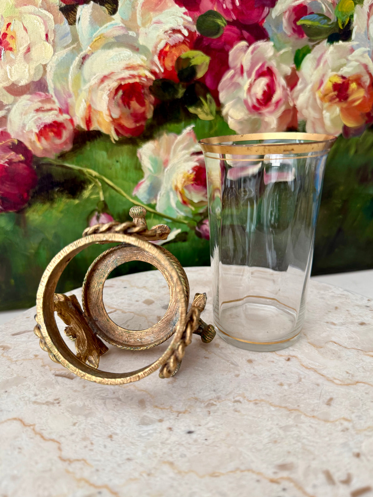 Vintage Hollywood Regency Italian Style Gold-plated Brass Ornate Floral Tumbler Stand with Glass Vase