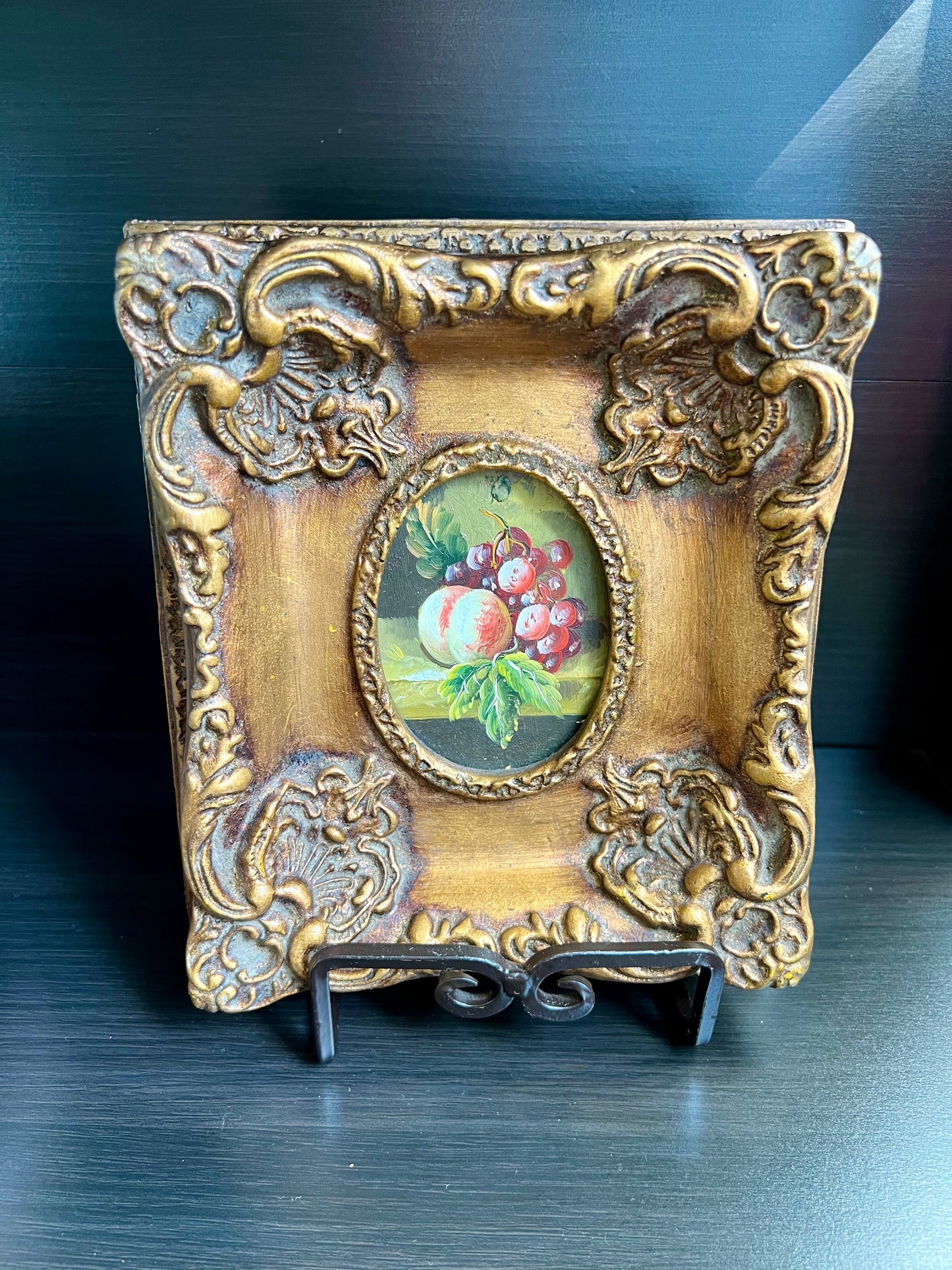 Peach and Grapes Miniature Oil Painting Wall Art With Gilded Wooden Frame