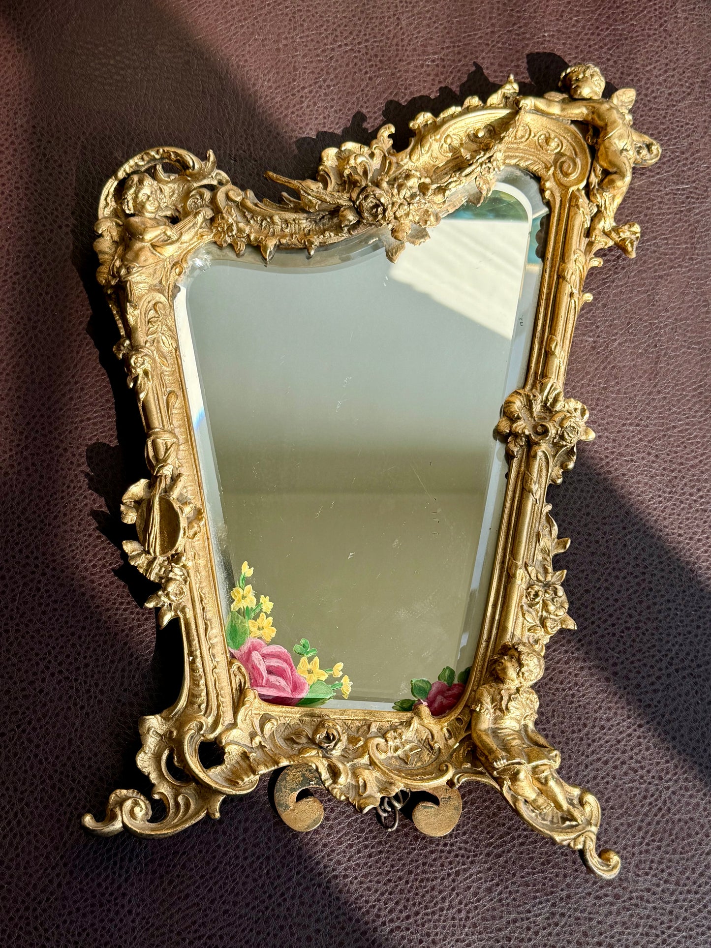 Antique Italian Rococo-Style Table Mirror with Gilded Frame, Featuring Putti (cherubs) Decor and Floral Painting