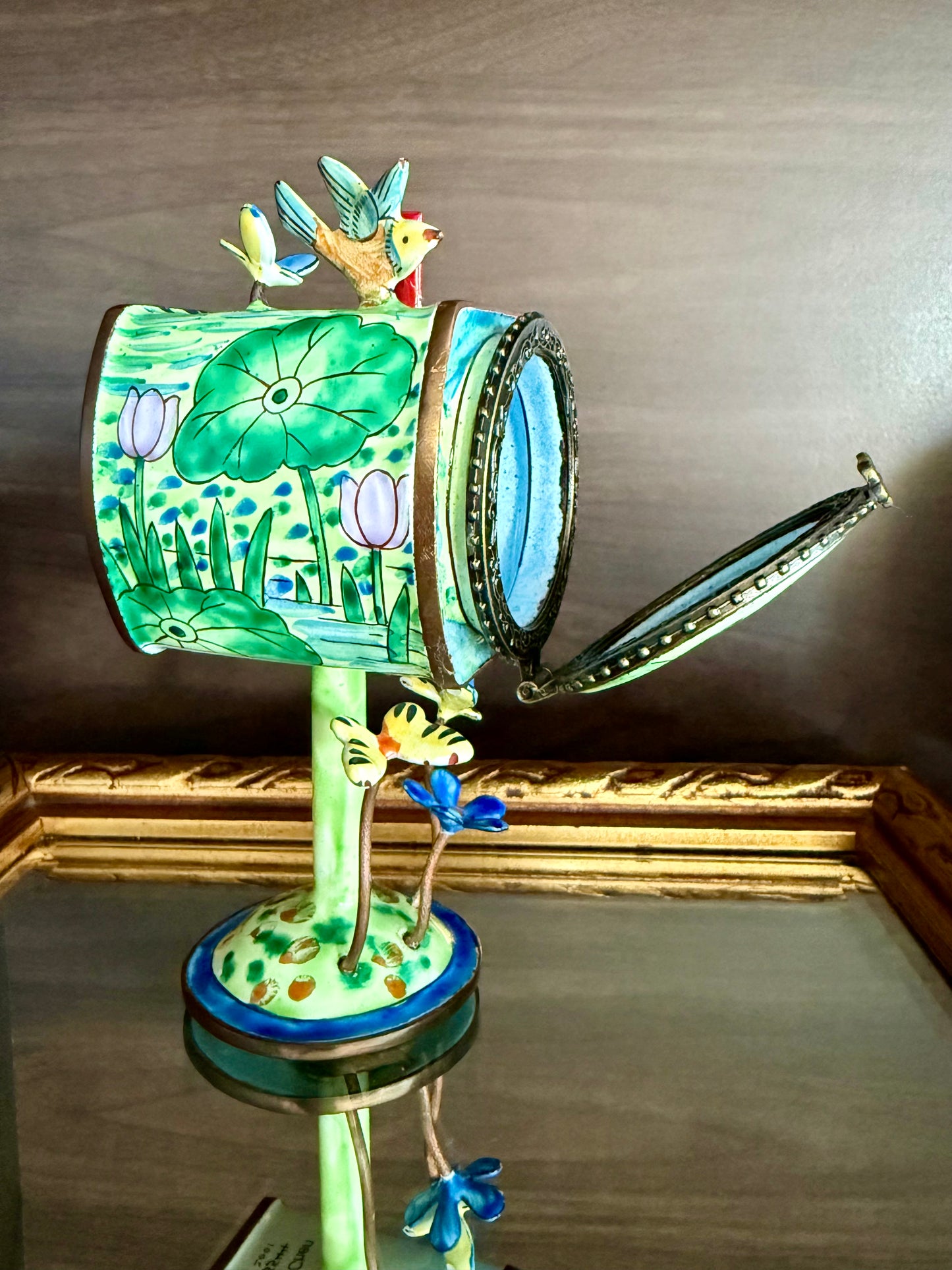 Vintage Hand-Painted Enamel on Copper Miniature Kelvin Chen Mailbox, Trinket Box and Stamps Holder - Numbered