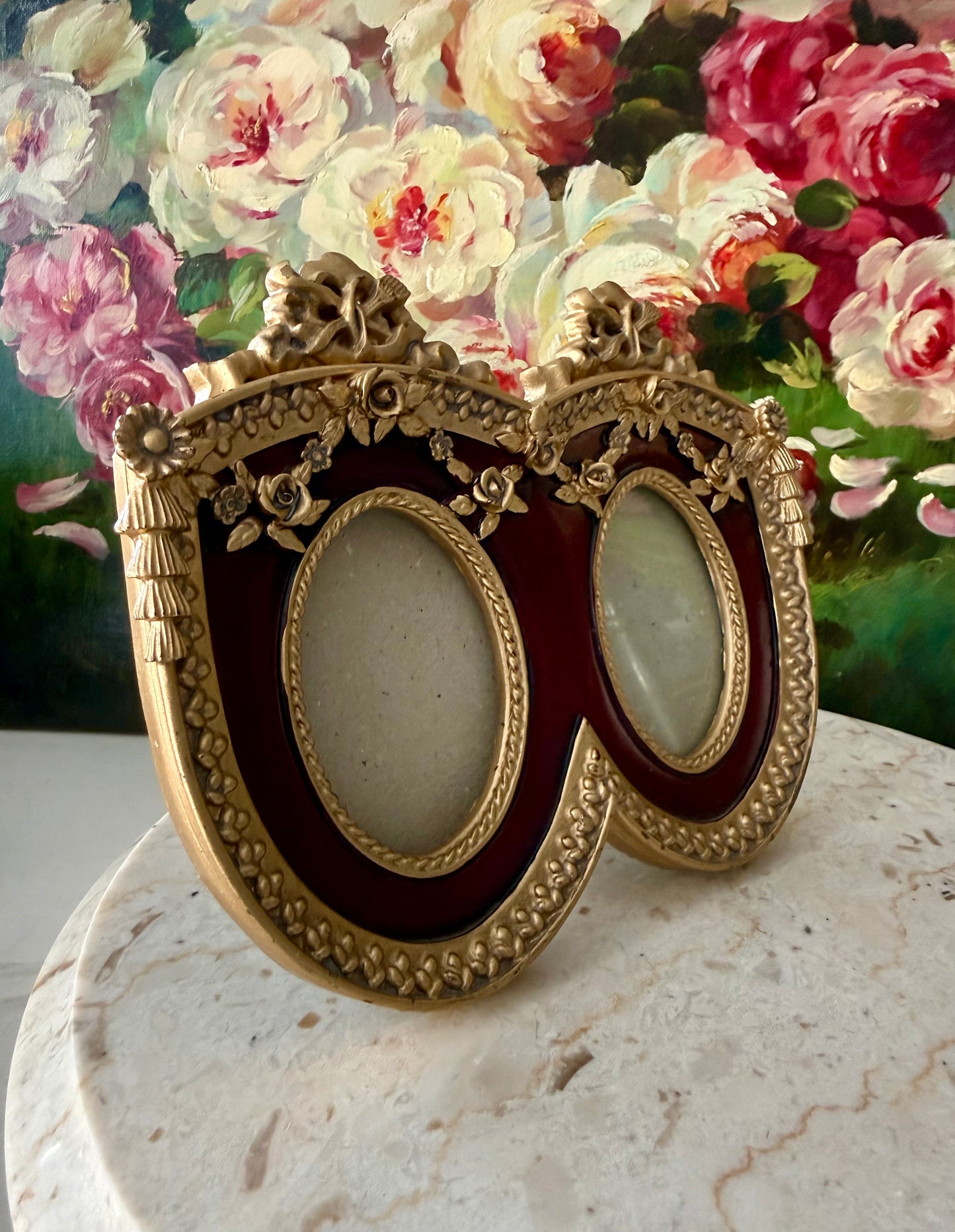 French Baroque Style Vintage Gold And Burgundy Oval Double Photo Frame (NOT Brass)
