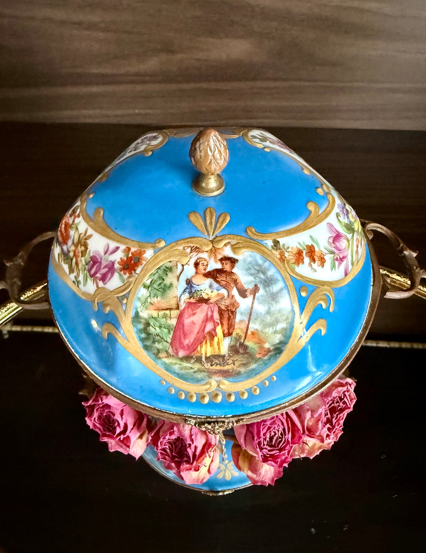 Antique Capodimonte Footed Hand Painted Blue Porcelain Dresser Box, Made In France