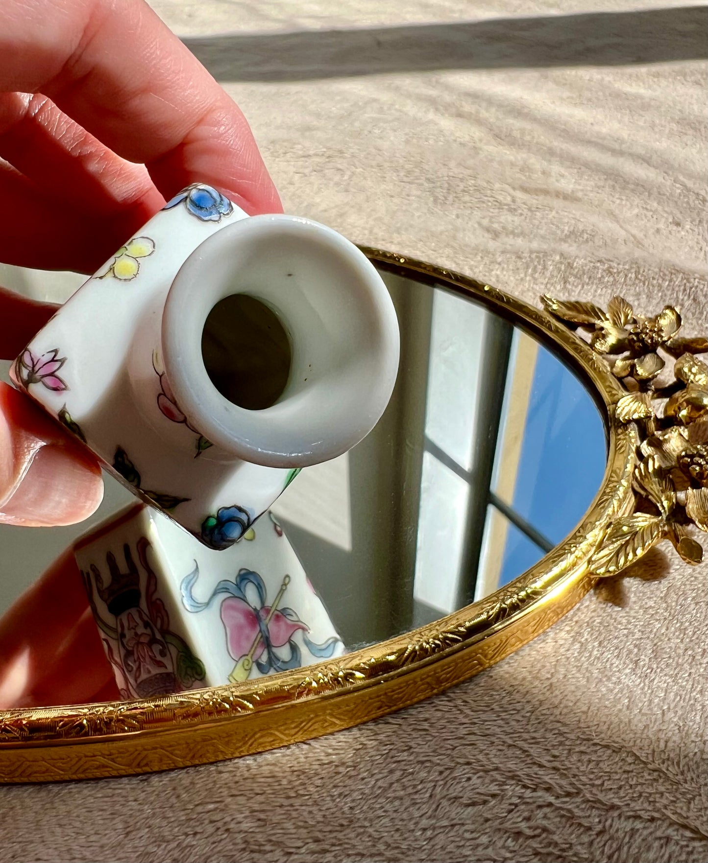 Hand Painted Vintage Vase Bone China Square with Flowers