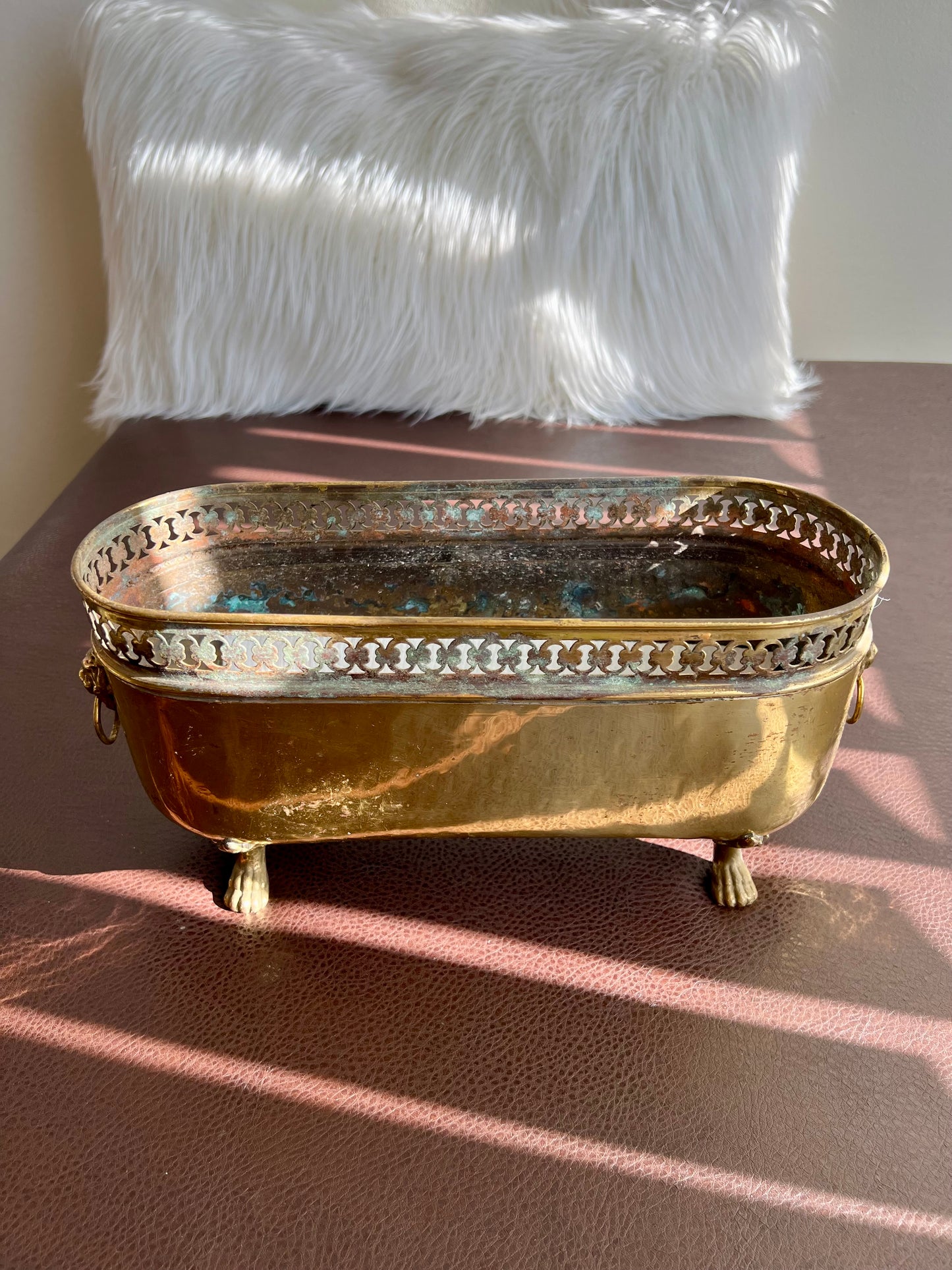 Antique/ Vintage Brass Planter Jardinière Ornate with Four Lion Paws Footed and Two Lion Heads with Rings