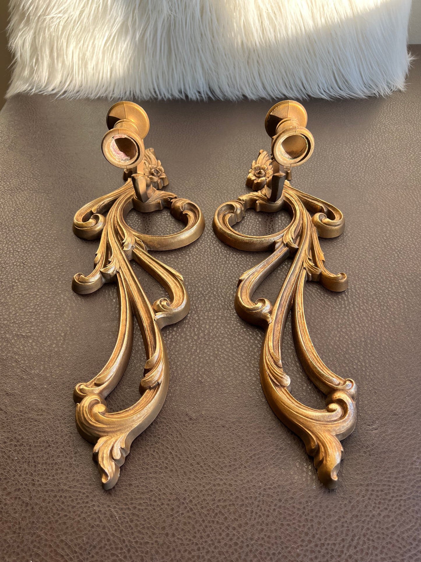 Mid Century Pair of Syroco Wall Ornate Candle Sconces/ Resin Candle Holders, Hollywood Regency