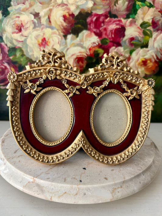 French Baroque Style Vintage Gold And Burgundy Oval Double Photo Frame (NOT Brass)