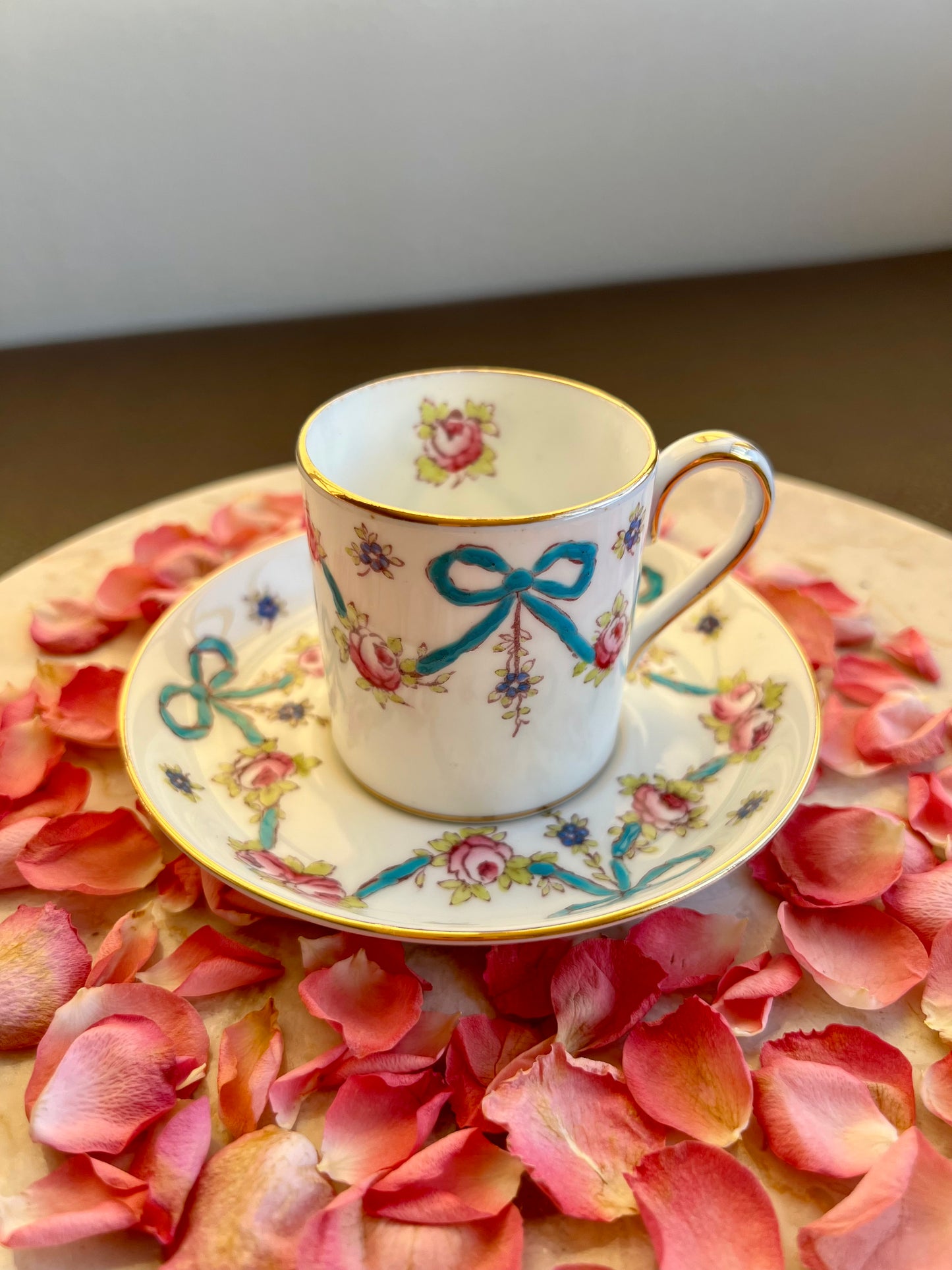 Crown Staffordshire Bright Blue Enameled Ribbon and Looped Bows Pattern Coffee Cup and Saucer from 1940-50's