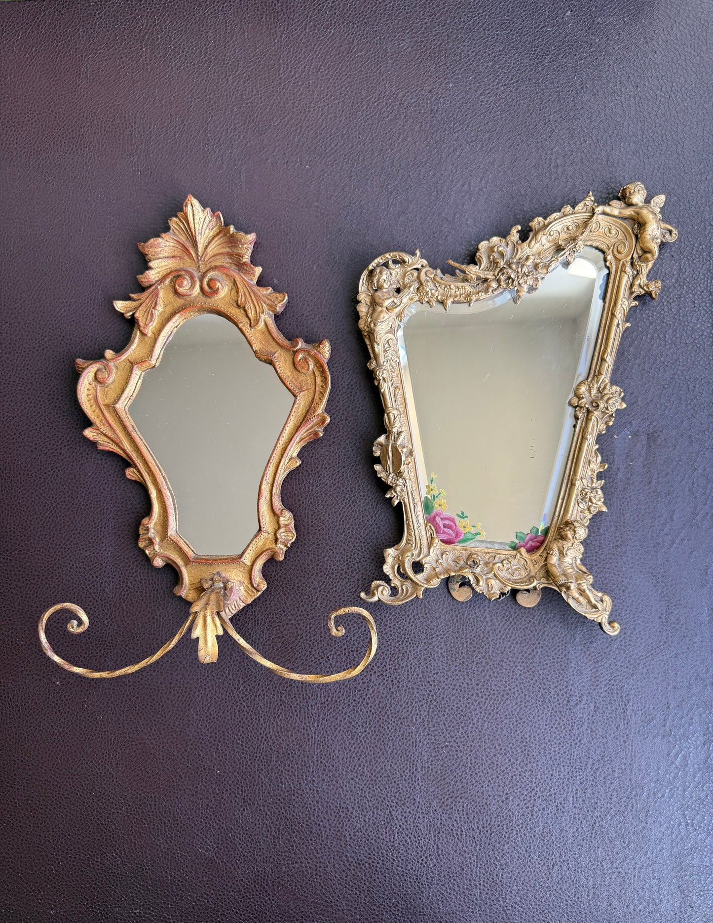 Antique Italian Rococo-Style Table Mirror with Gilded Frame, Featuring Putti (cherubs) Decor and Floral Painting