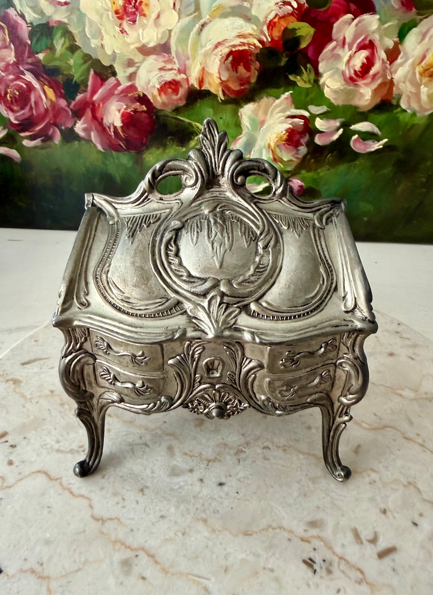 Antique Art Nouveau French Style Silver Plated Jewelry Casket Velvet Lined Romantic Trinket Box