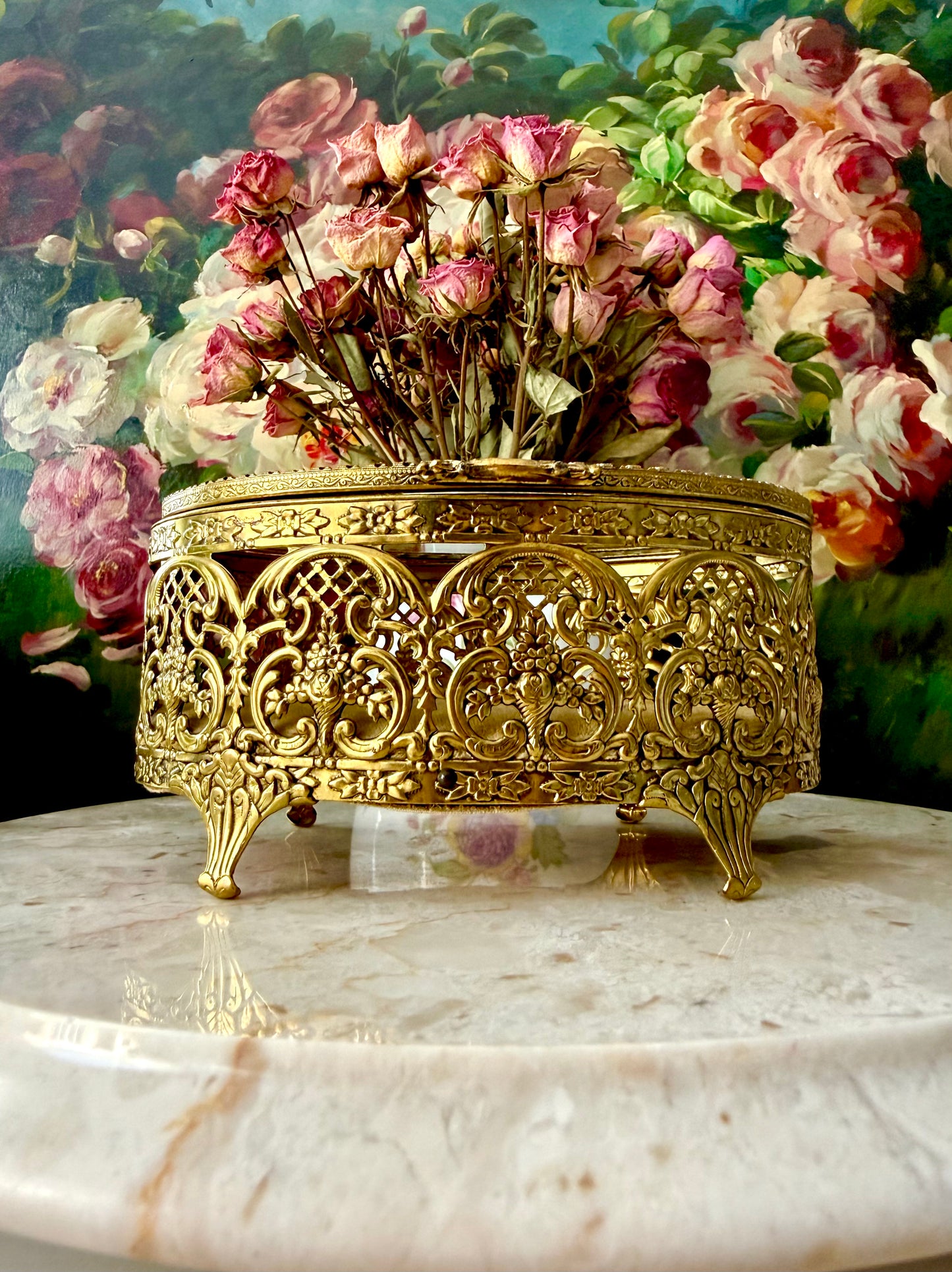 Matson Style Vintage Gold-plated and Glass Hollywood Regency Oval Ormolu Brass Jewelry/ Trinket Box