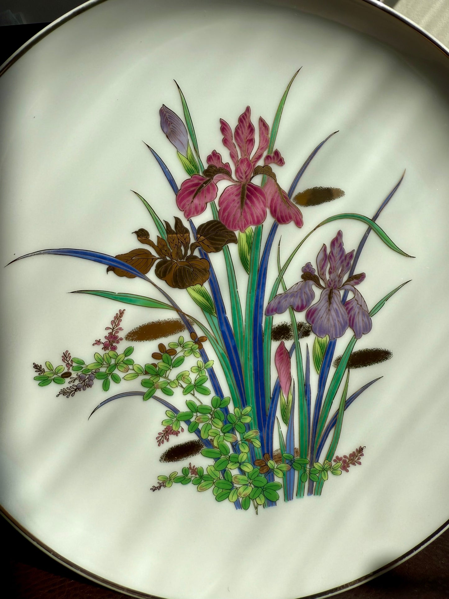Iris Flower Design Hand-Painted and Gold Trim Vintage White Porcelain Plate - Made in Japan