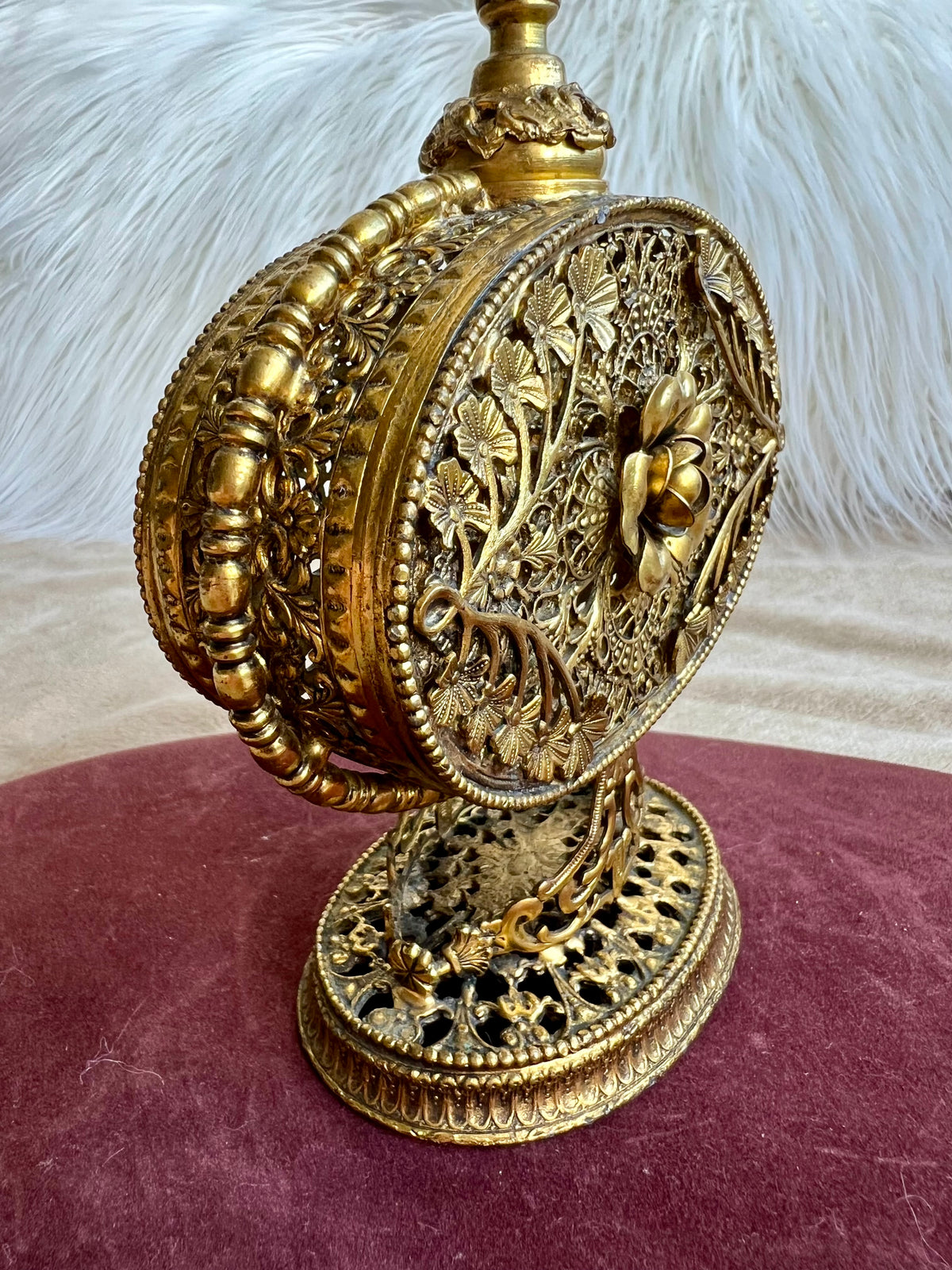 1950s or 1960s Hollywood Regency Style Vintage Ormolu Filigree Gilded Brass Perfume Bottle with a Large Yellow Rhinestone on the Top