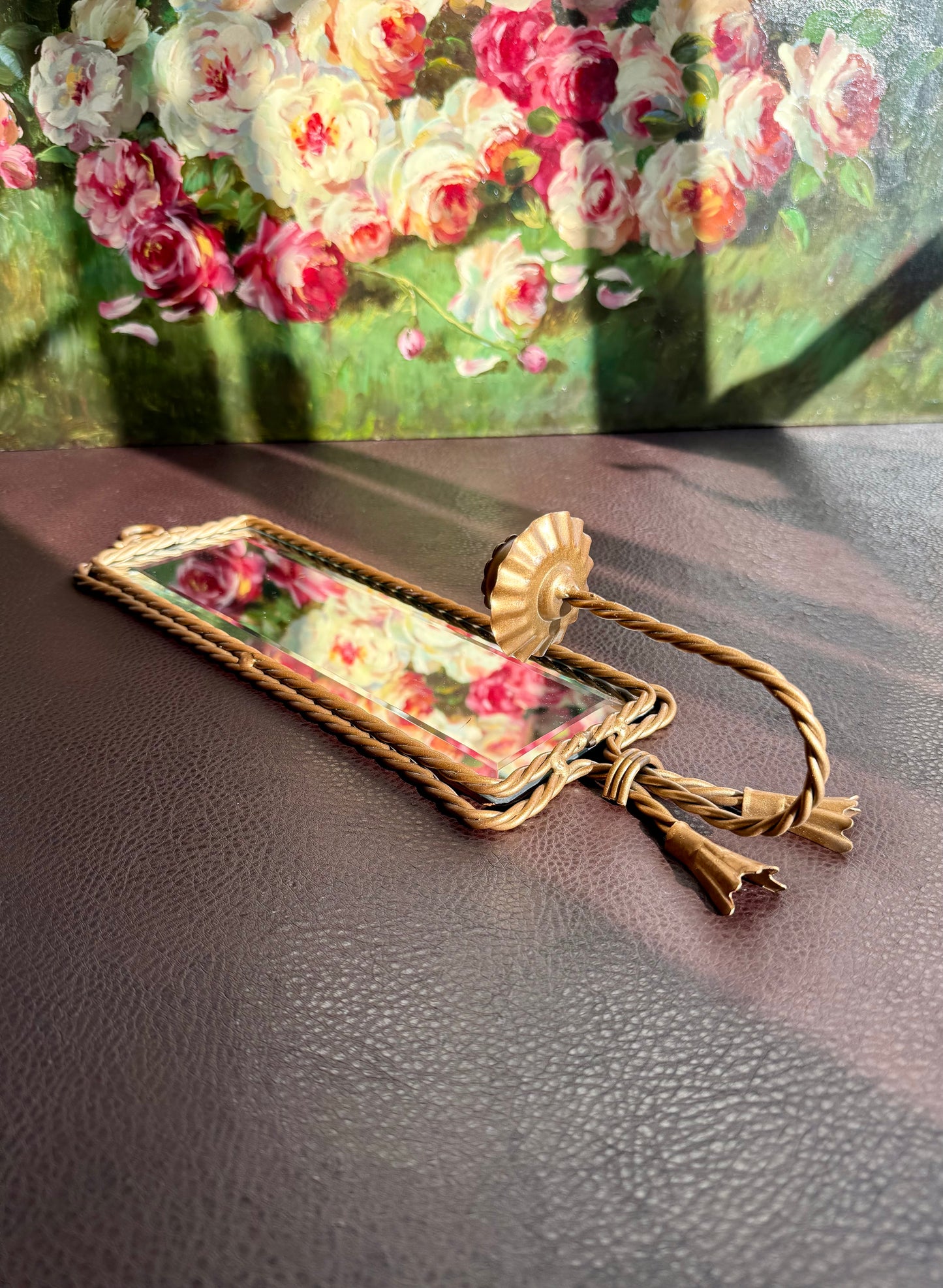 Vintage Square Long Mirror Gold Gilded Metal Frame and Rope Decoration with Tasseled Wall Candle Holder, Wall Sconce
