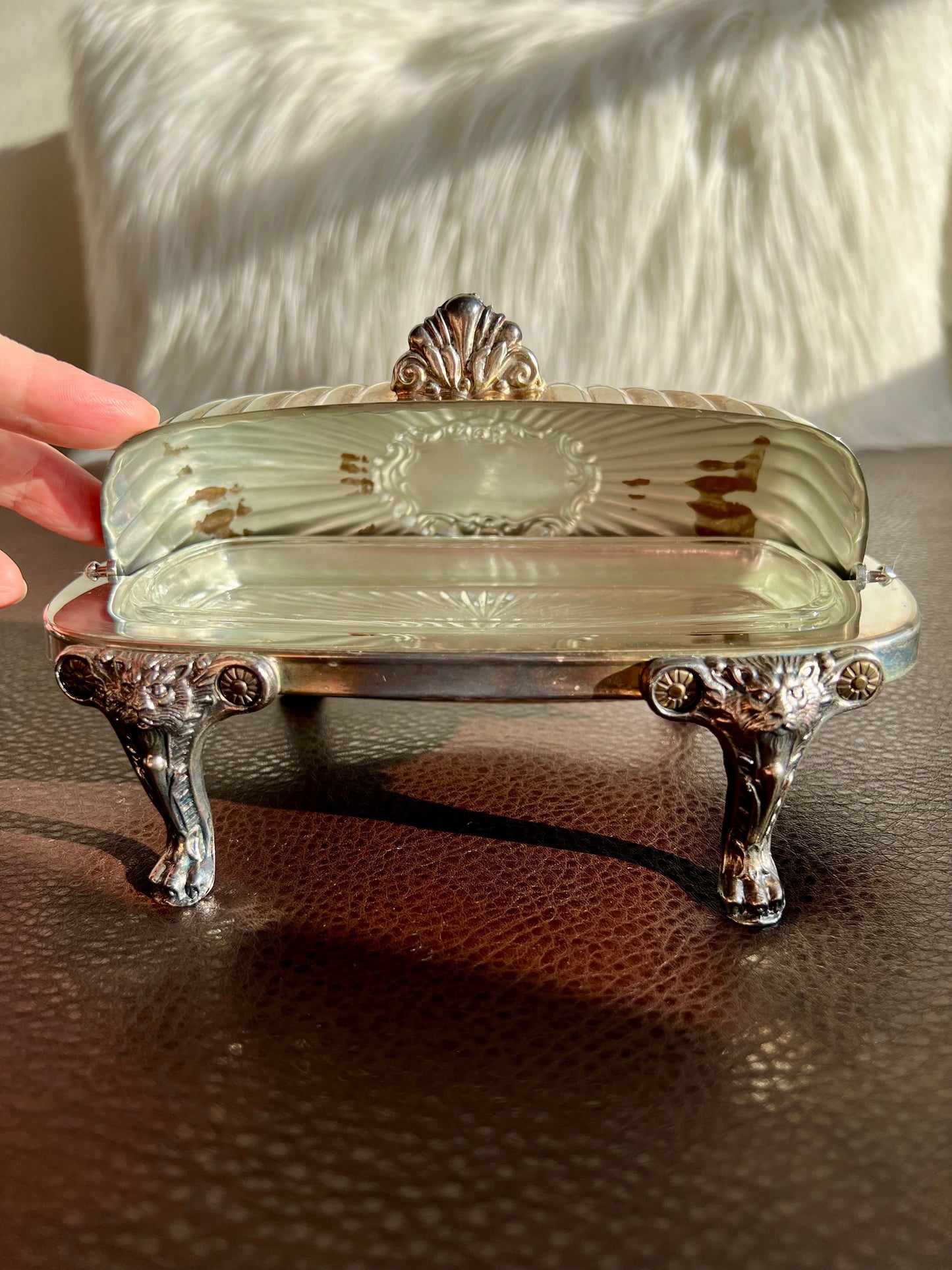 Antique F.B Rogers Silver-Plated Lion Head and Footed Butter Dish Victorian Covered Roll Top - Glass Insert