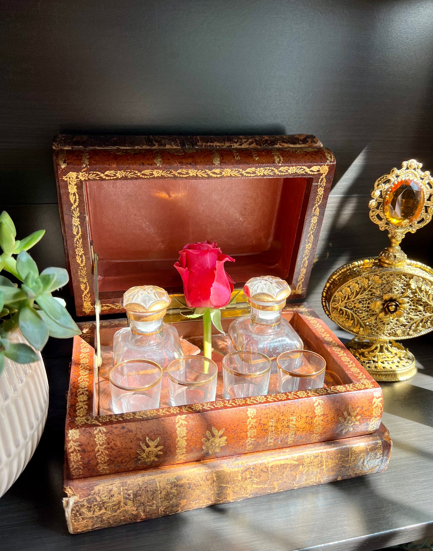 Antique Early 20th Century French Leather Book Tantalus Box with 4 Shot Glasses and 2 Decanters