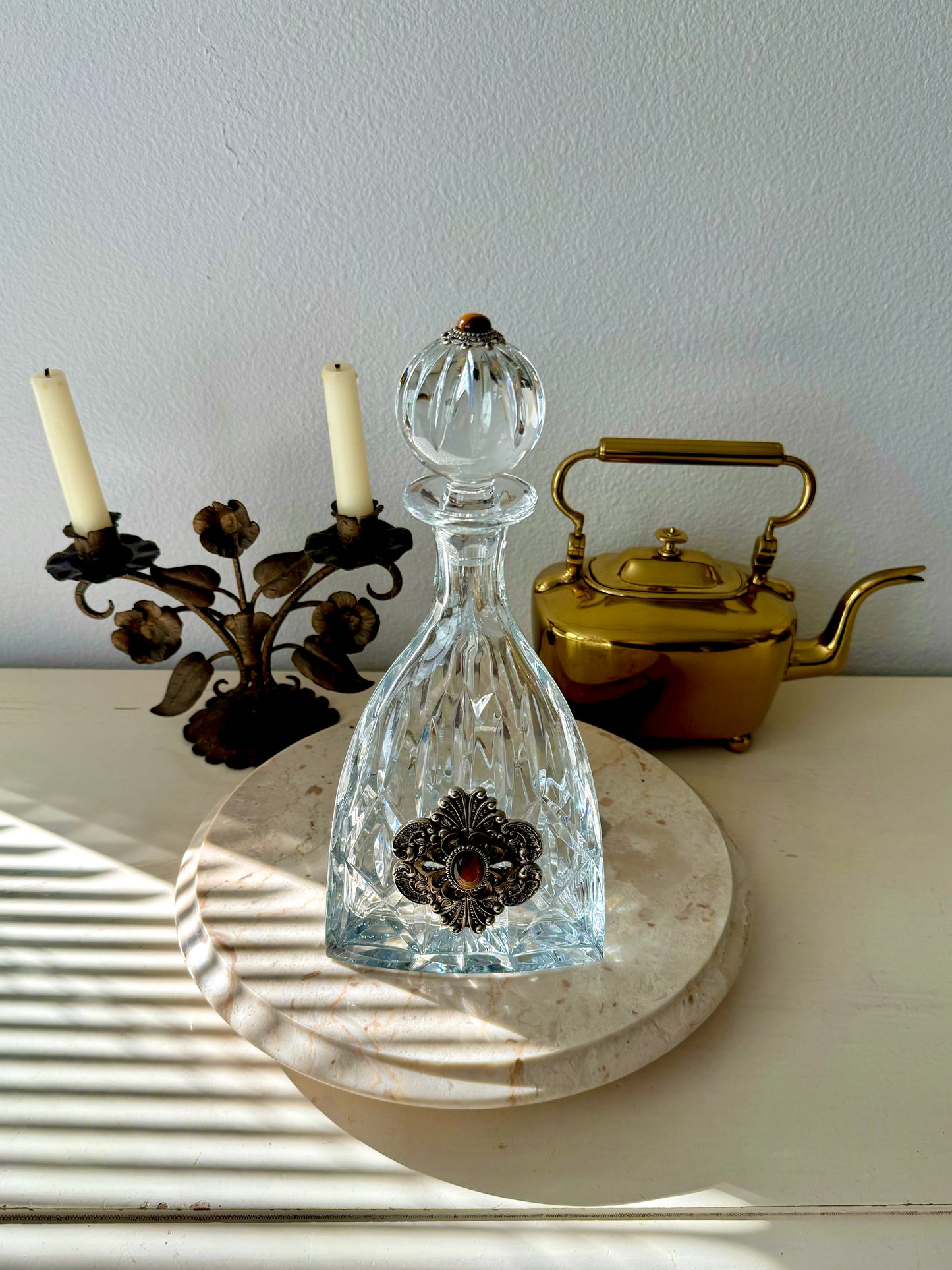 Ann Cichon Dallas Vintage Crystal Decanter with Stopper and Silver Tone Metal Jewels and Stones