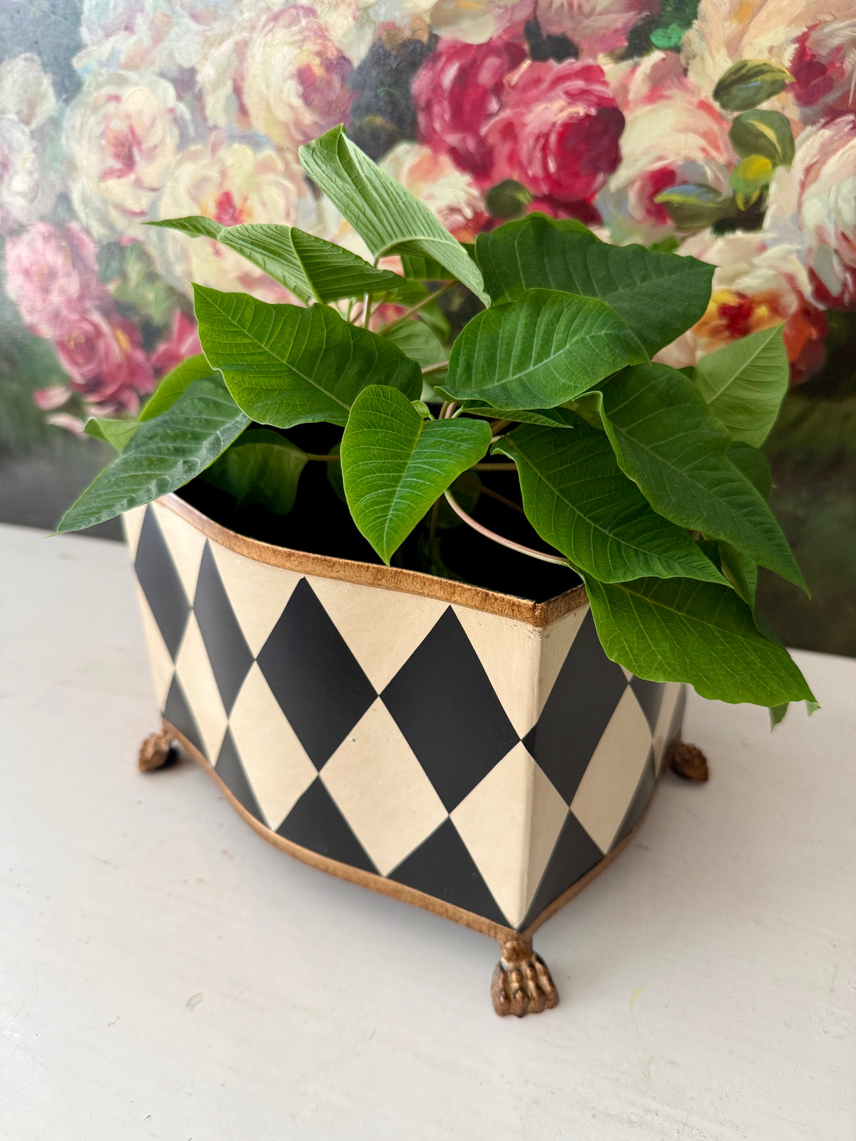 Vintage Hand-painted Metal Flower Pot/Planter with a Harlequin Pattern and Claw Feet