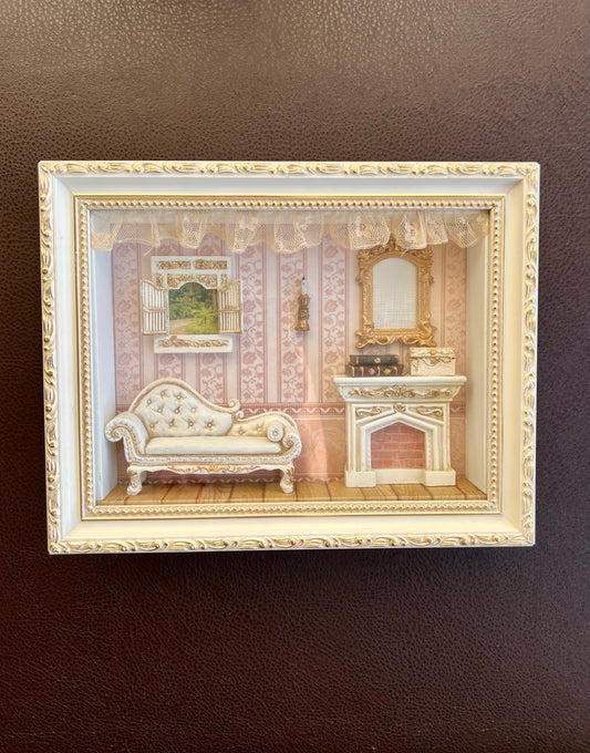 Victorian Inspired Miniature Dollhouse and Furnitures in Foyer Shadow Box, Vintage Wall Decor
