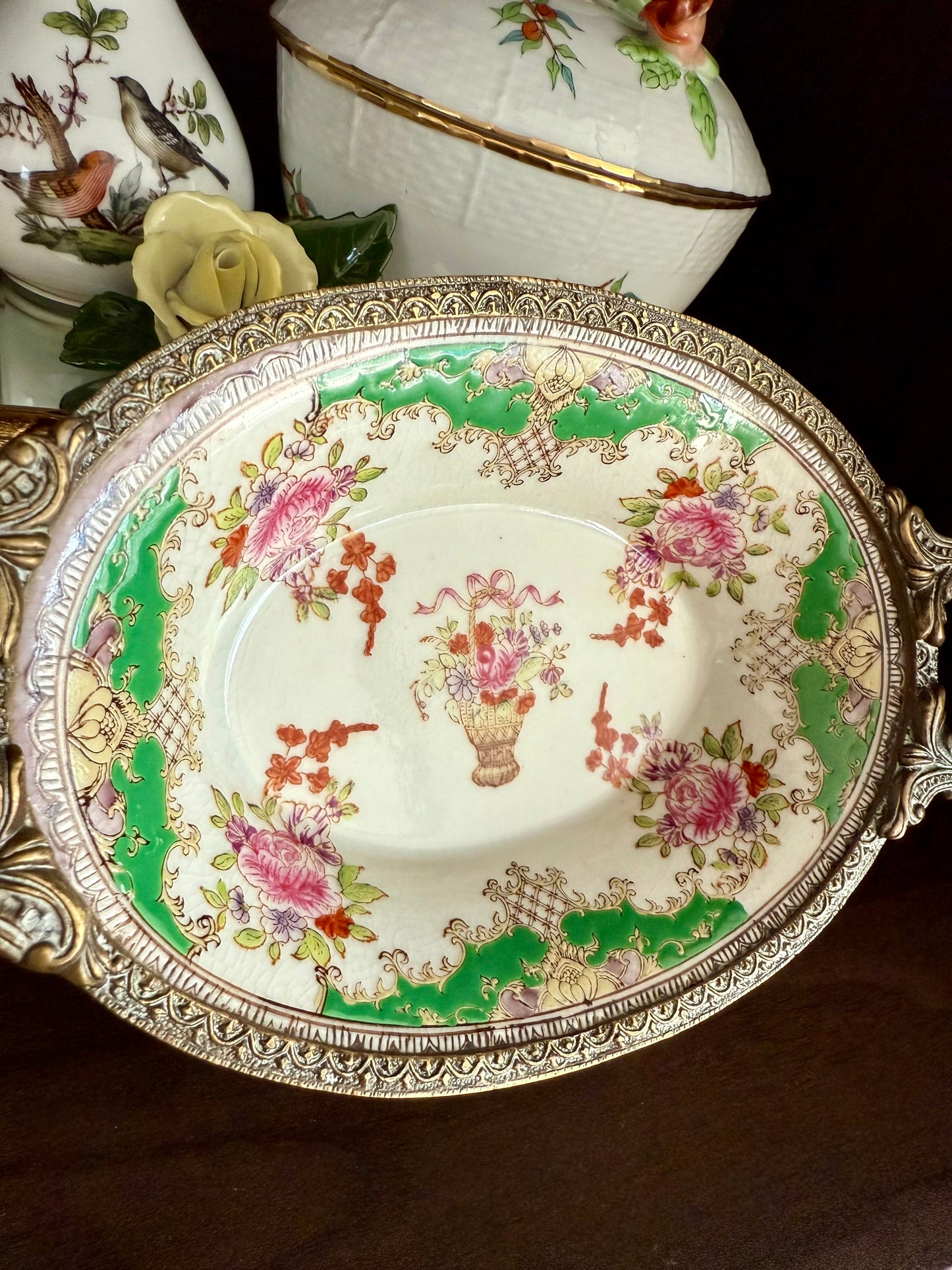 Vintage Floral Roses Motif Porcelain Oval Soap Dish with Brass Feet and Twin Handles