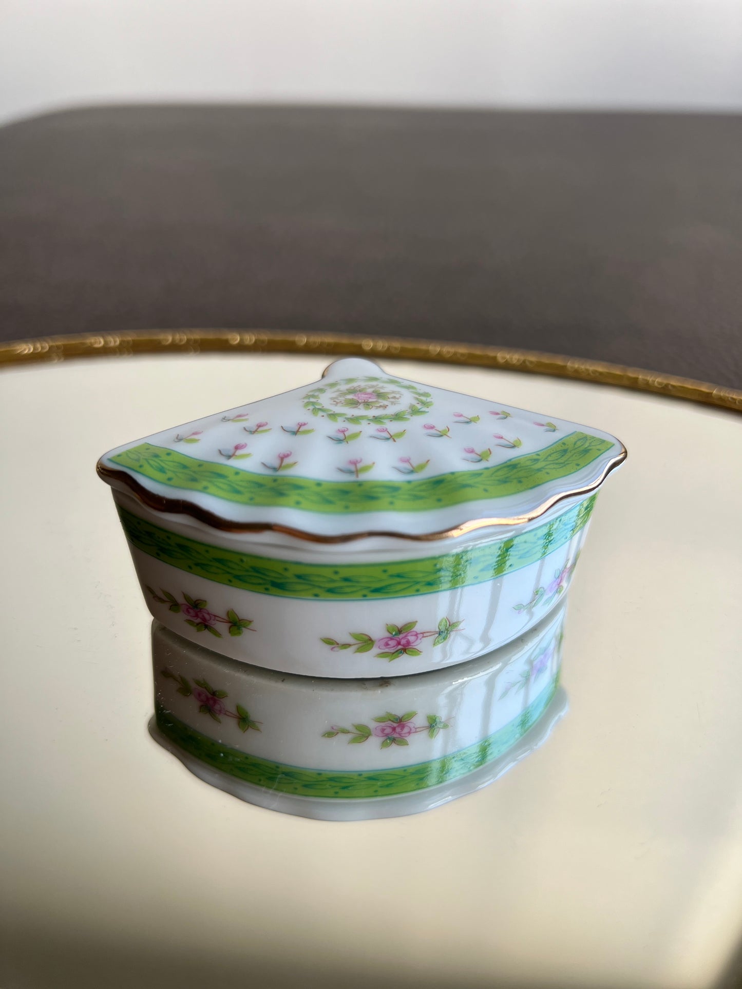 Lefton Fan Shaped Porcelain Trinket Box with Green and Pink Flowers