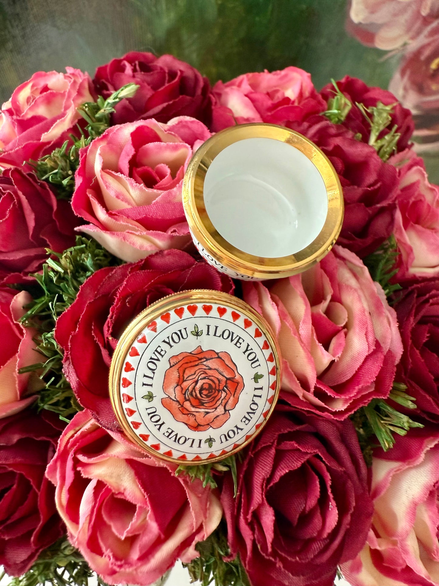 Halcyon Days Mini Enamels “I Love You” Rose Flower Hearts Leaves Trinket or Jewelry/ Pill box