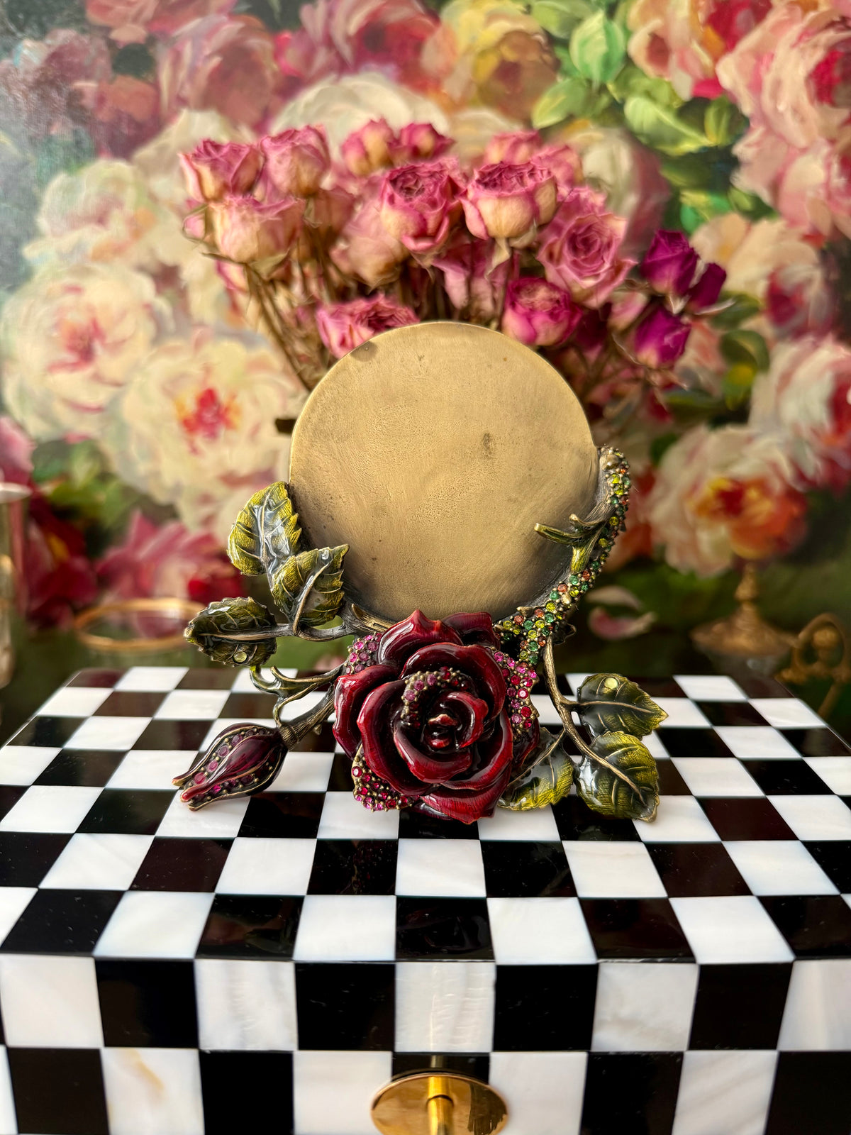 Jay Strongwater Red Rose Enamel Vintage Picture Round Frame with Sparkling Swarovski Crystals - Jewels for Home Rose