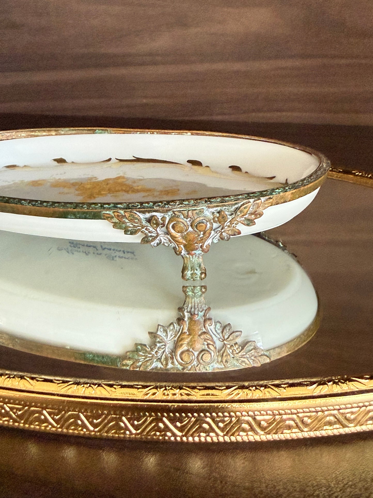 Antique Sévres Style Brass Footed and Hand-painted Oval Porcelain Decorative Soap Dish - Made in France